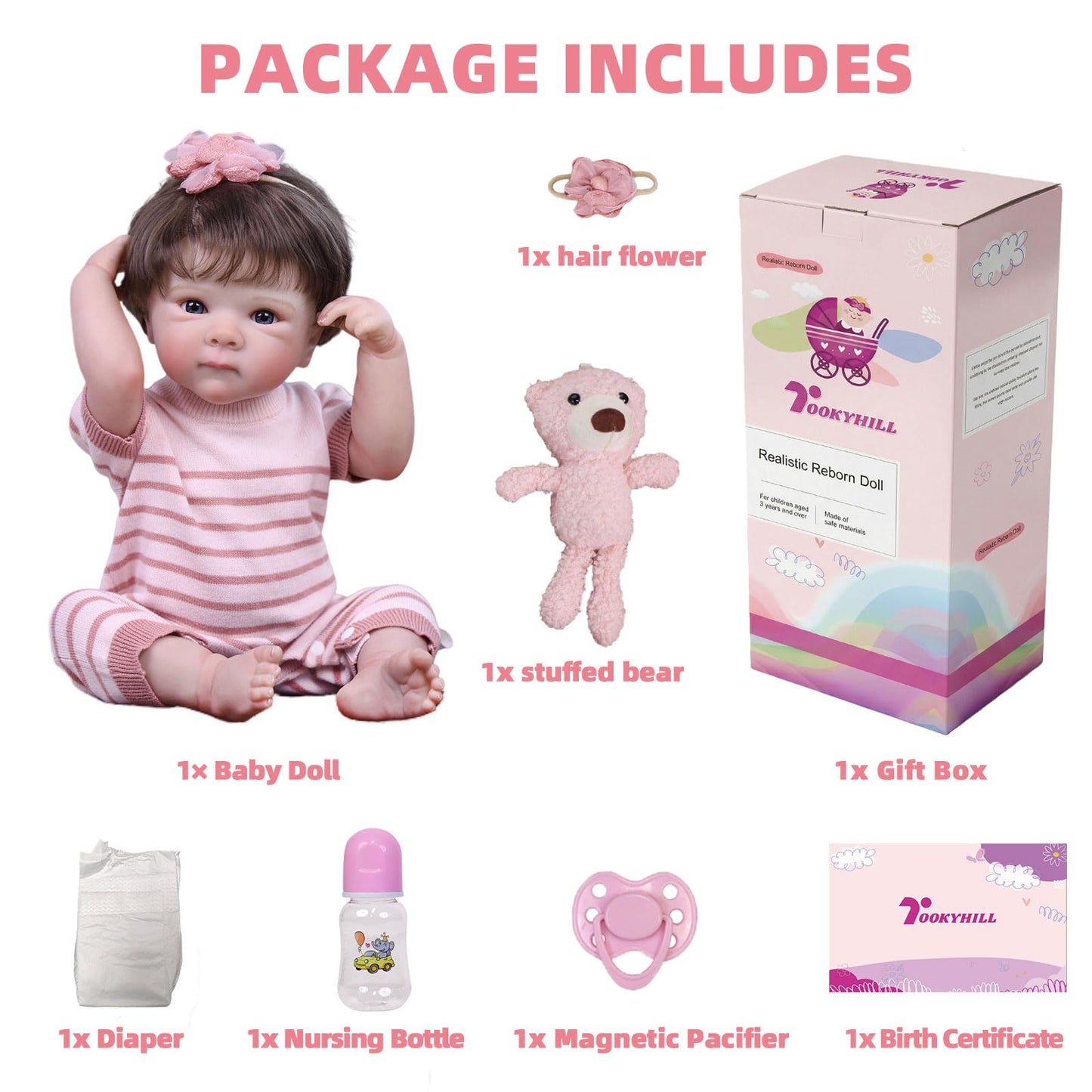 Tookyhill Baby Doll, 18 Inch Realistic Reborn Baby Doll, Weighted Soft Vinyl Body, Poseable Lifelike Newborn Doll with Outfit & Plush Bear Accessory, Gift Set for Kids Age 3+ , Pretend Play (Brown)