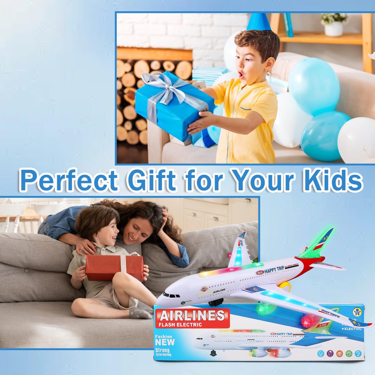 VYKOBLO Airplane Toy with Bump and Go, Kids Airplane Toys Flashing Lights and Sound, Realistic Model Plane for Boys and Girls Ages 3-12, Birthday Gifts (Red)