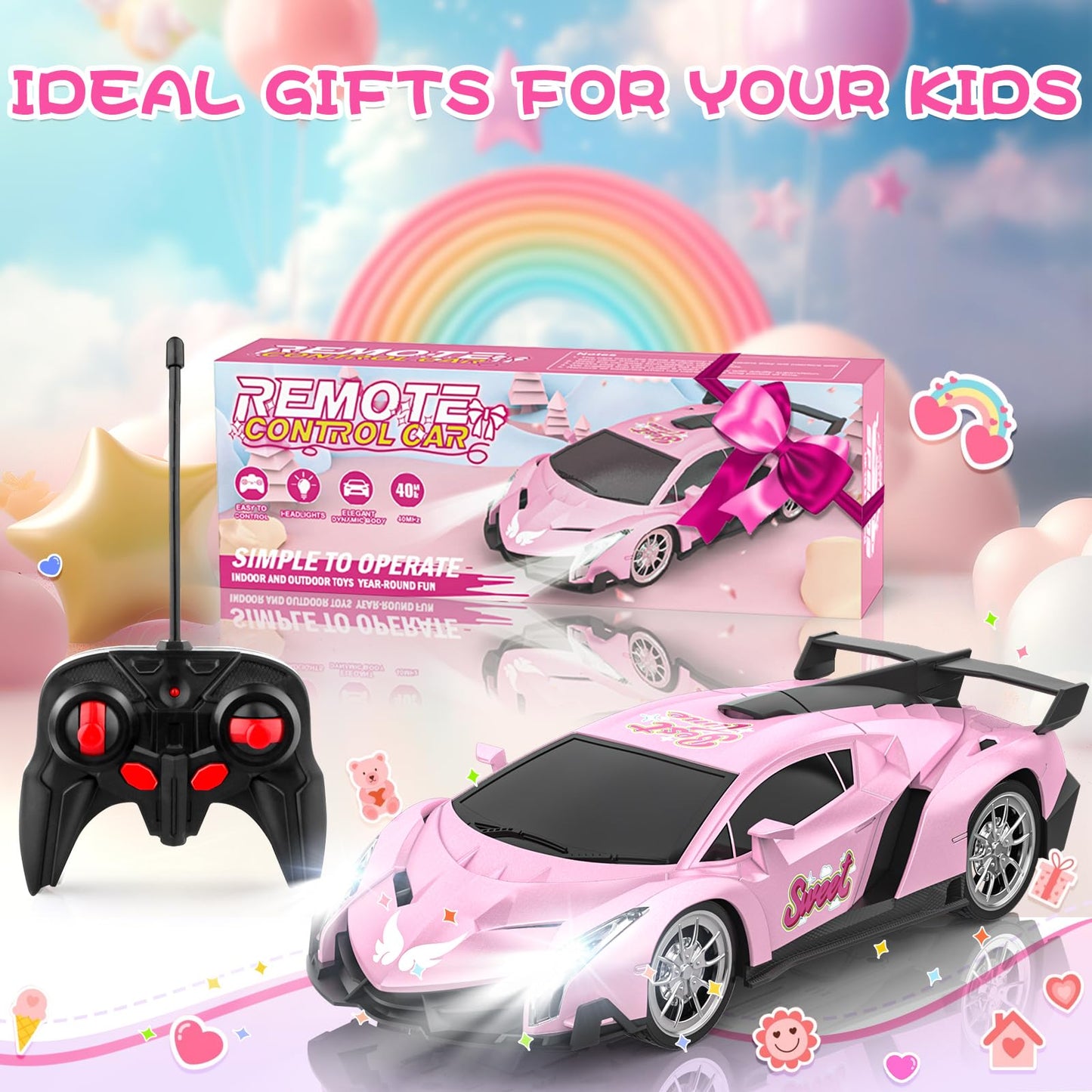 Growsland Remote Control Car for Girls, 1:18 Pink RC Cars Toys for Kids Girl Electric Vehicle Toy Car Hobby Racing Car with Lights & Controller, Birthday Gifts for Girl Boys Age 3 4 5 6 7 8 9 Year Old