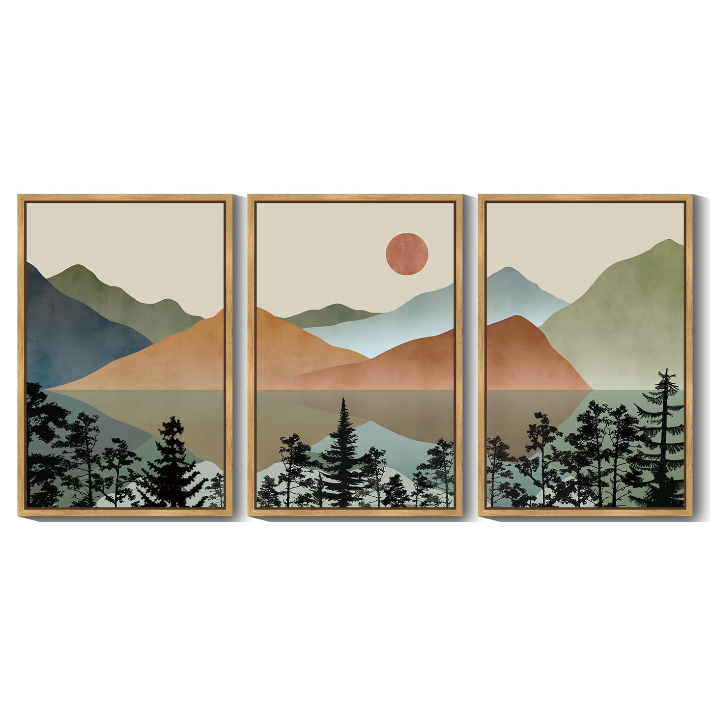 KUVIOKE Landscape Mountain Wall Art 24x 36in Large Set Lake Sunrise Pine Tree Forest Nature Scenry Wilderness Farmhouse Rustic Modern Art Decorative for Living Room Bedroom (Natural Framed)