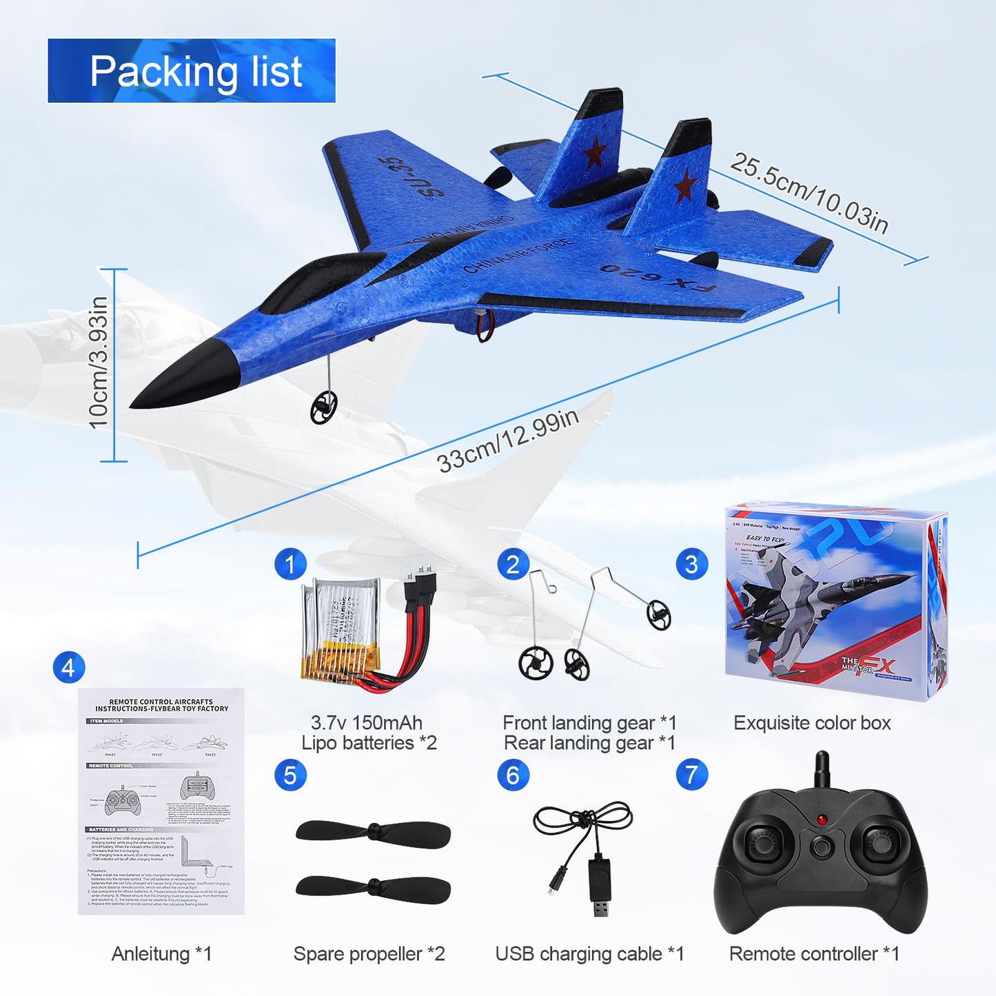 Beffkkip RC Plane 2CH Remote Control Plane SU35 RC Jet 2.4GHz RC Airplane RTF Easy to Fly FX620 Airplane Toys for Beginner, Kids and Adults,with Night Lights USB Charging(Blue)