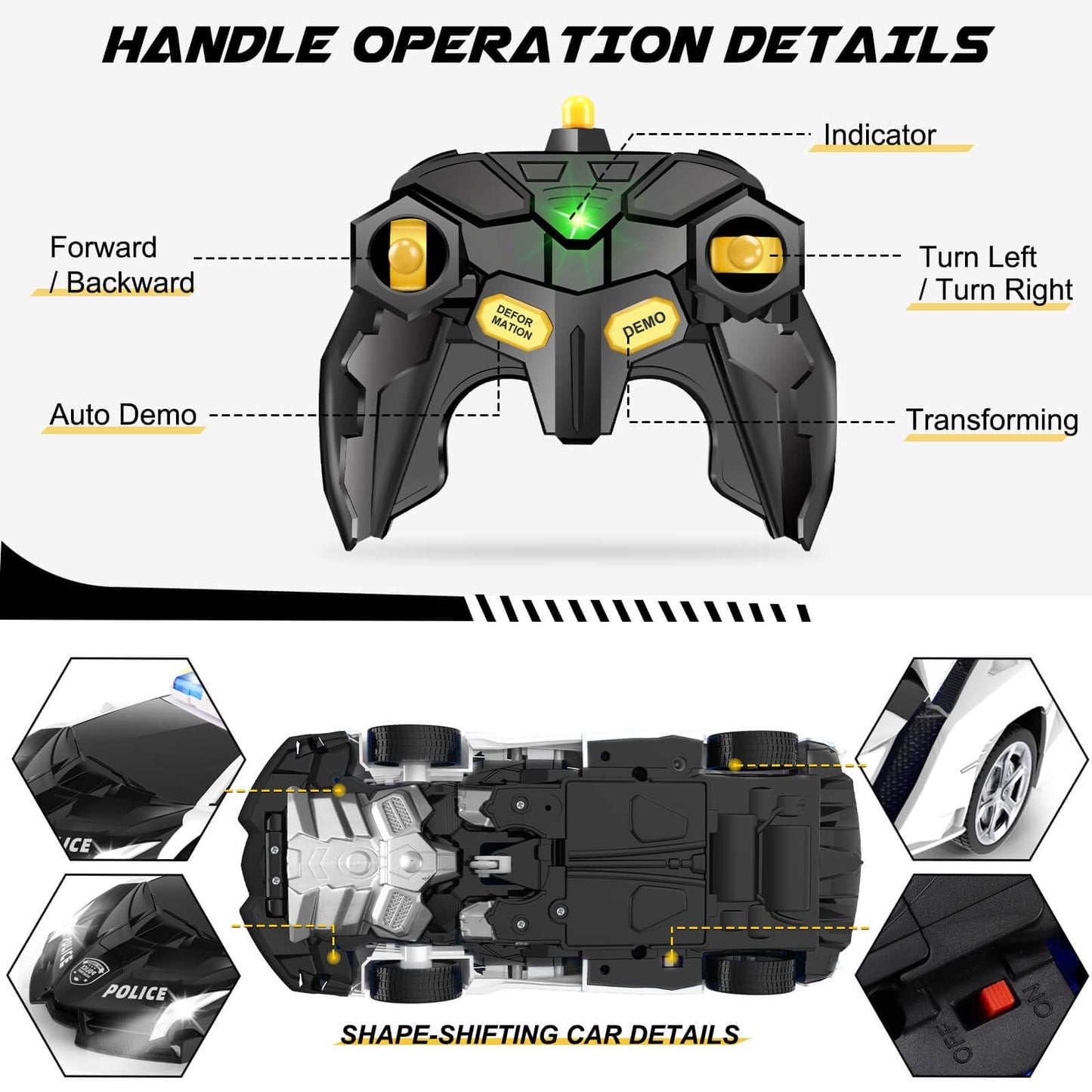 Dolanus Remote Control Police Car - RC Car Transform Robot, Flashing Light, 2.4Ghz, 360 Degree Rotating, Toys for Ages 5-7, Kids Toys, Birthday Gifts for 3 4 5 6 7 8 10 12 Years Old Boy (Black)