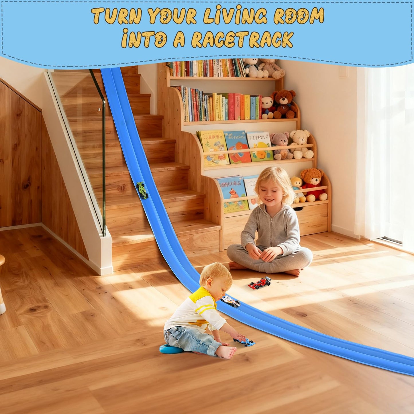 Flex Race Car Track 15 Ft for Kids 14+ Toys, with 4 Small Racecars, Suitable for Hot Wheels and Diecast 1/64th Cars, Rolls Up Race Tracks with Strong Suction Cups