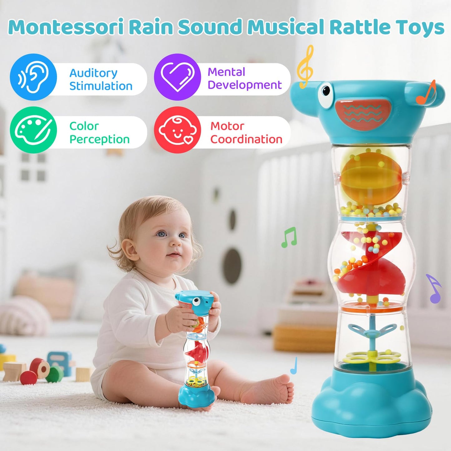 Montessori Baby Toys for 6-12 Months 1 Year Old,Rain Stick Baby Rattle Shaker Infant Sound Toy 9.8” Rainmaker Musical Sensory Toys for 6 7 8 9 10 Months Newborn Toddlers Gifts-Blue