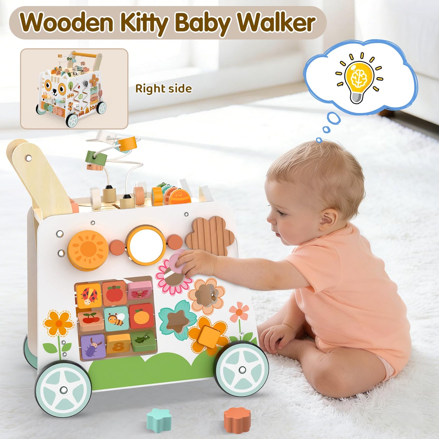 Wooden Baby Walker, Baby Push Walker with Wheels, 16-in-1 Montessori Activity Center Bead Maze Shape Sorter Xylophone, Height Adjustable Walking Toy 12+ Months, 1 Year Old Birthday Gifts Boys Girls