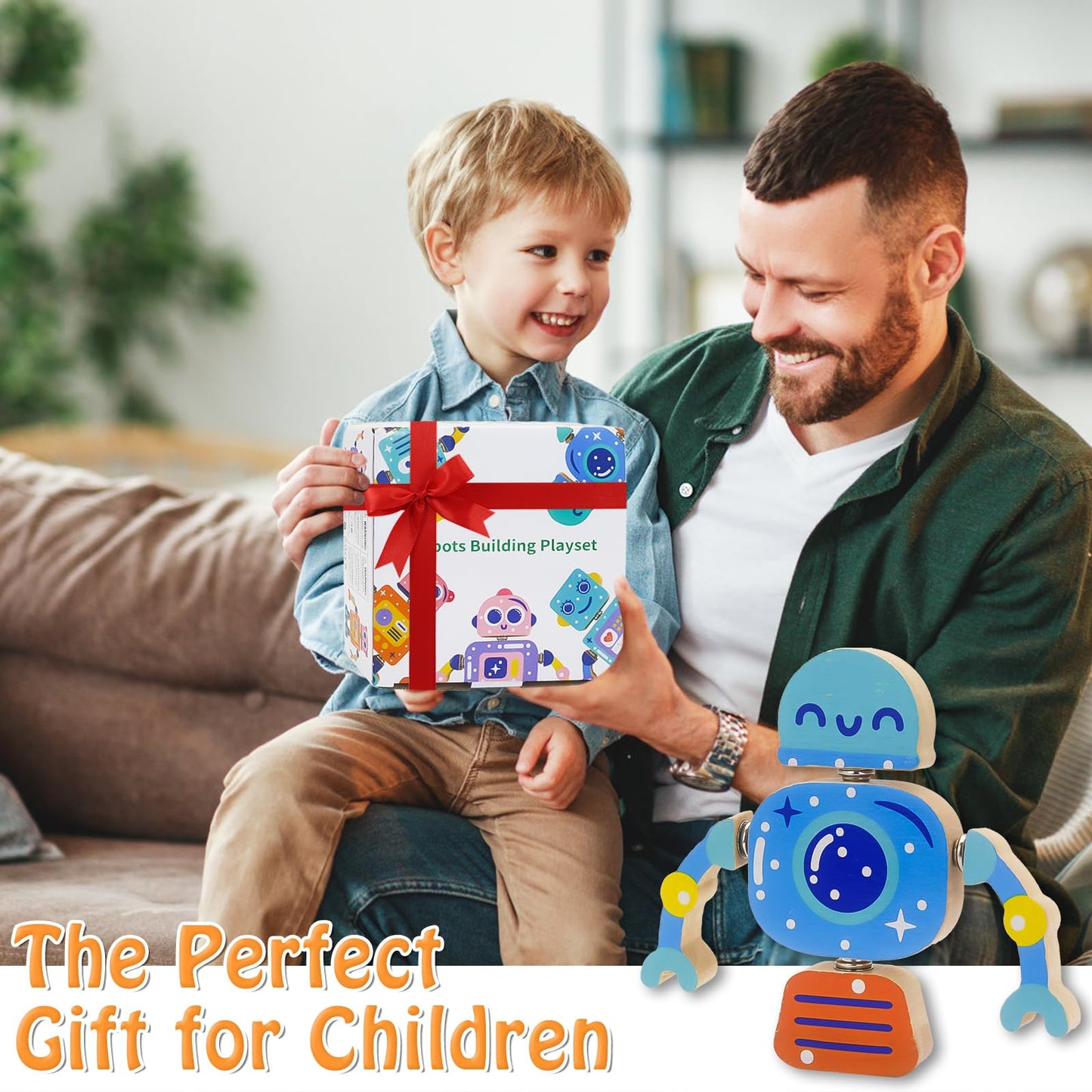 Robots Wooden Snap-Together Building Toys – 28-Piece STEM Montessori Educational Blocks for Toddlers Ages 3–6 | Fine Motor Skills Development | Safe, Durable, Creative Robot Toys Gift for Kids
