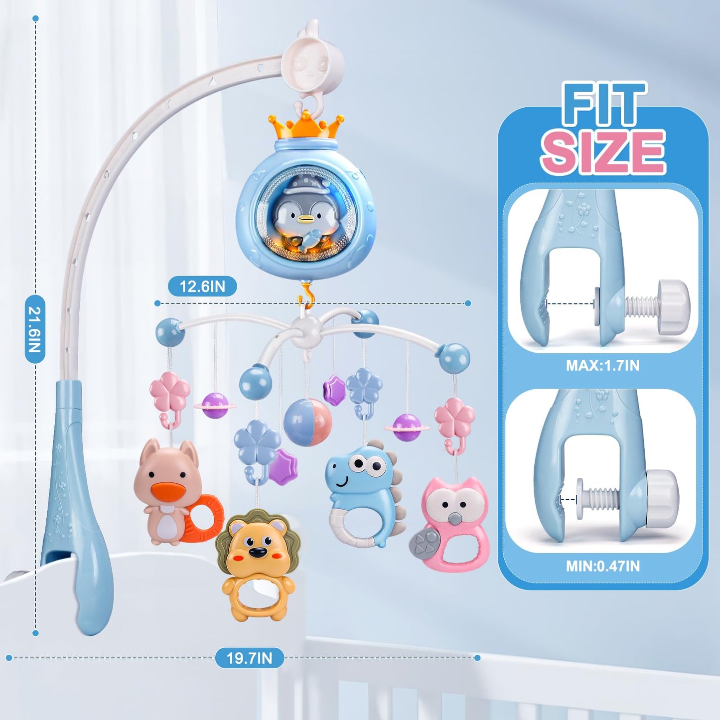 ZFSZSY Crib Mobile with Music and Lights,Mobiles for Cribs, Baby Mobile Arm Toys Hanging for Girls Boys Infants 0-6 6-12 Months, Bassinets Nursery Musical Portable Mobile Clip On Pack and Play(Bule)