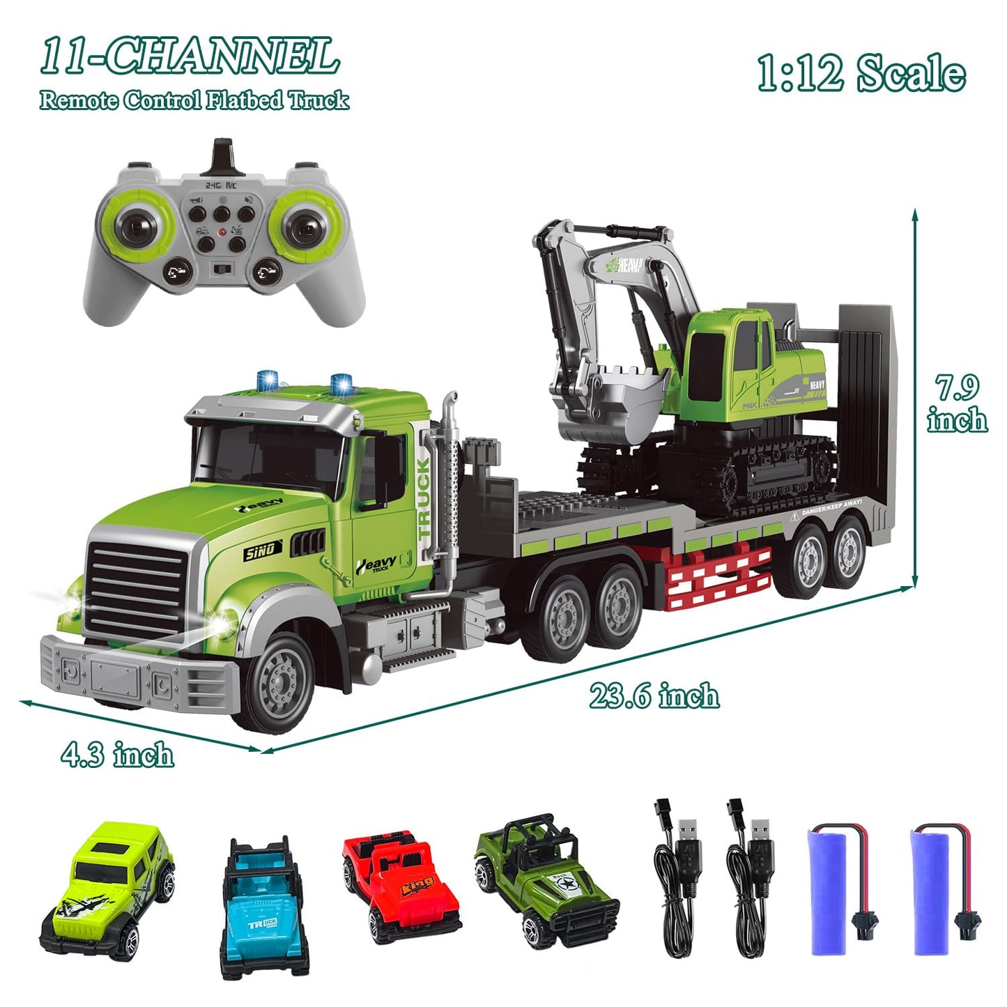 Fistone RC Semi-Trailer Truck & Excavator Toy Set, 1:12 Scale with Sound and Lights, 2.4Ghz Remote Control Flatbed Truck and Excavator Toys for Boys 6-12 Years Old