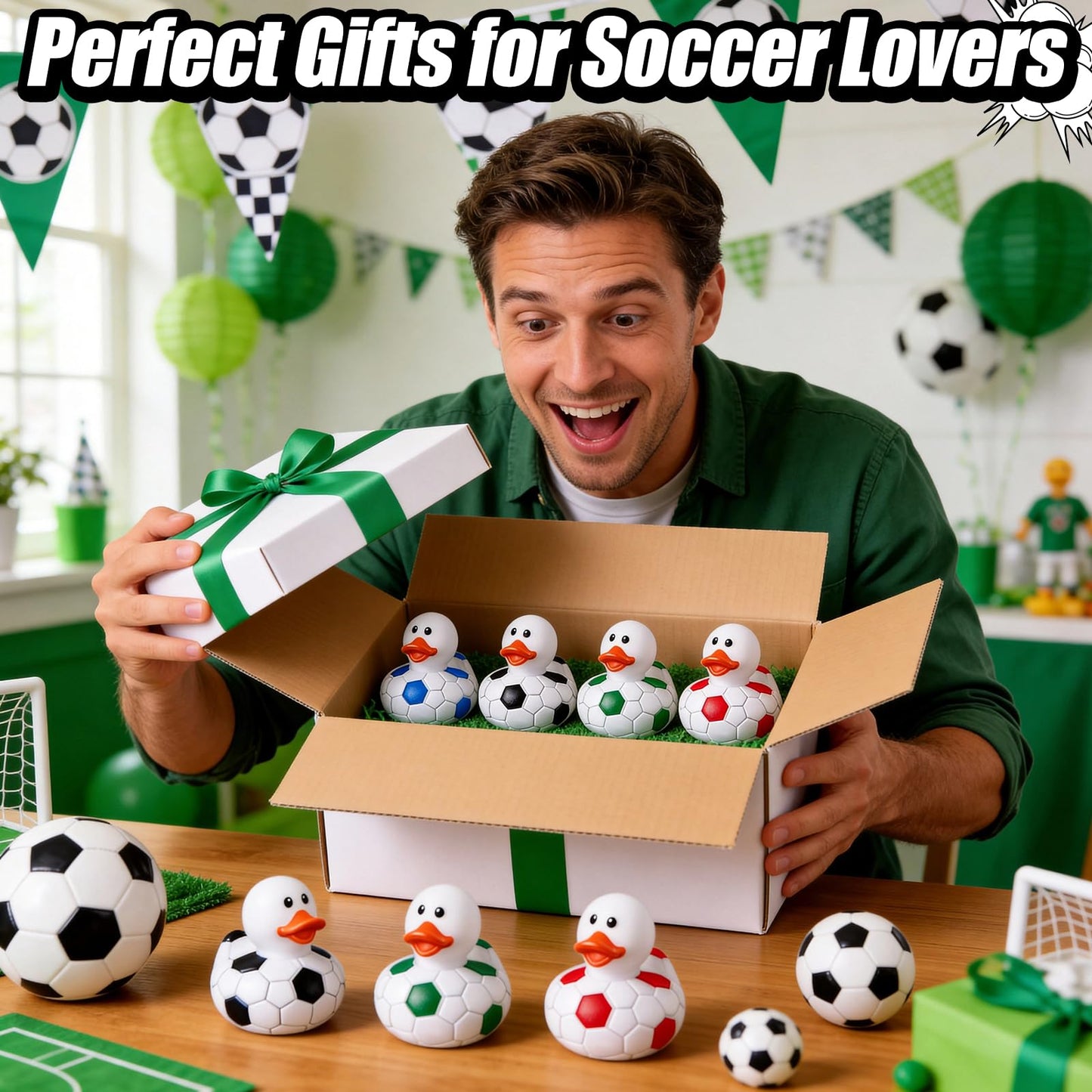 24 Pcs Soccer Theme Rubber Ducks with a Bag, Soccer Ball Ducks Toys, Soccer Fun Party Favors, Goodie Bag Fillers for Sports Fans Team Gifts, Classroom Game Prizes, Water Pool Toys for Toddler Kids