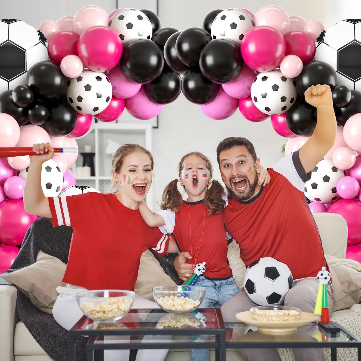 Soccer Party Balloon Garland Arch Kit, Black Hot Pink Decorations With Foil Balloon for Women Girls Kids Birthday Sports Theme, Football Party Decor Supplies