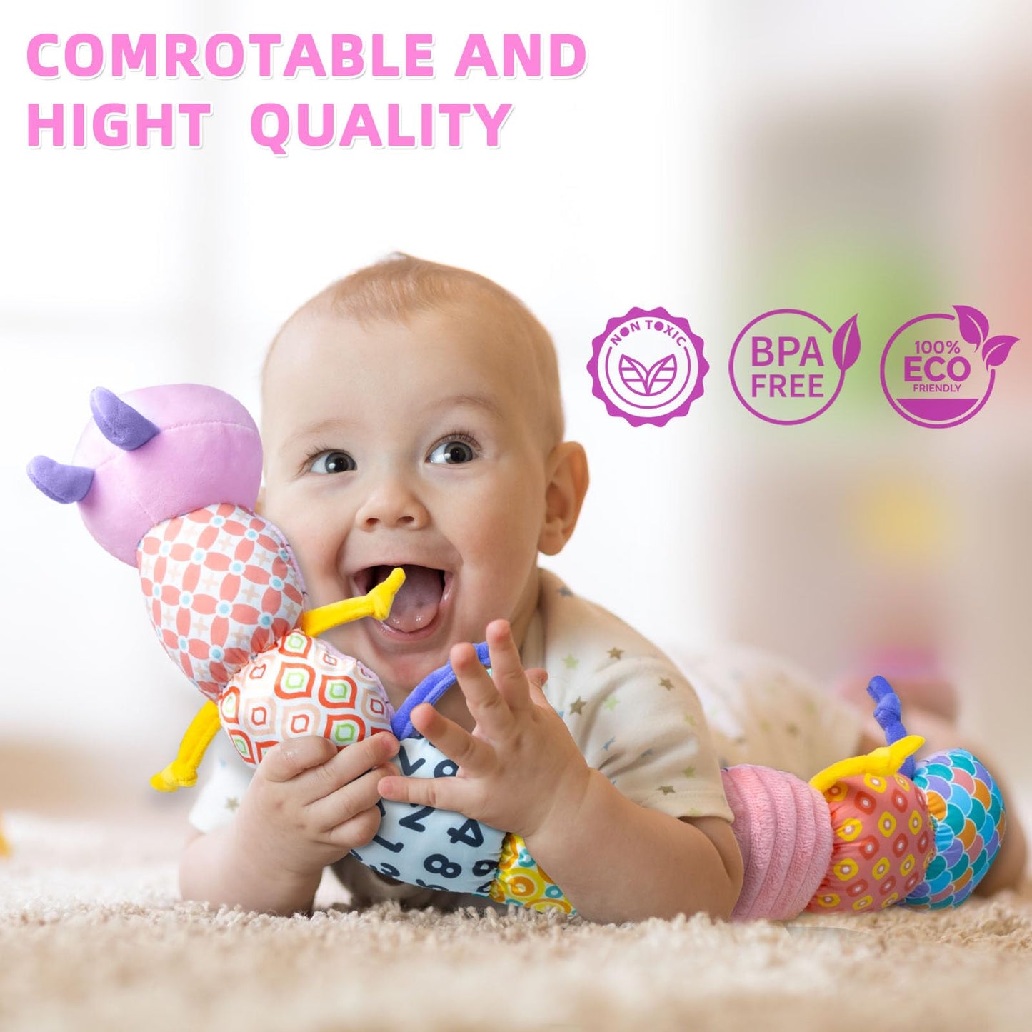 Baby Infant Musical Toy Soft Stuffed Animal Toy with Multi Textures,Rattle,Crinkle,Newborn Baby Toy for 0 3 6 9 12 Months Girls Boy Gift,Caterpillar,Pink