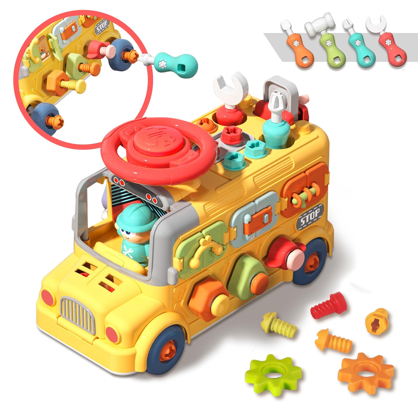 iPlay, iLearn Toddler Busy Bus Toy, Kids Take Apart School Bus W/Tools, Steering Wheel & Gears, Push Go Assemble Truck, STEM Learning Fine Motor Montessori Toy, Birthday Gifts 3 4 5 Year Old Boy Girl