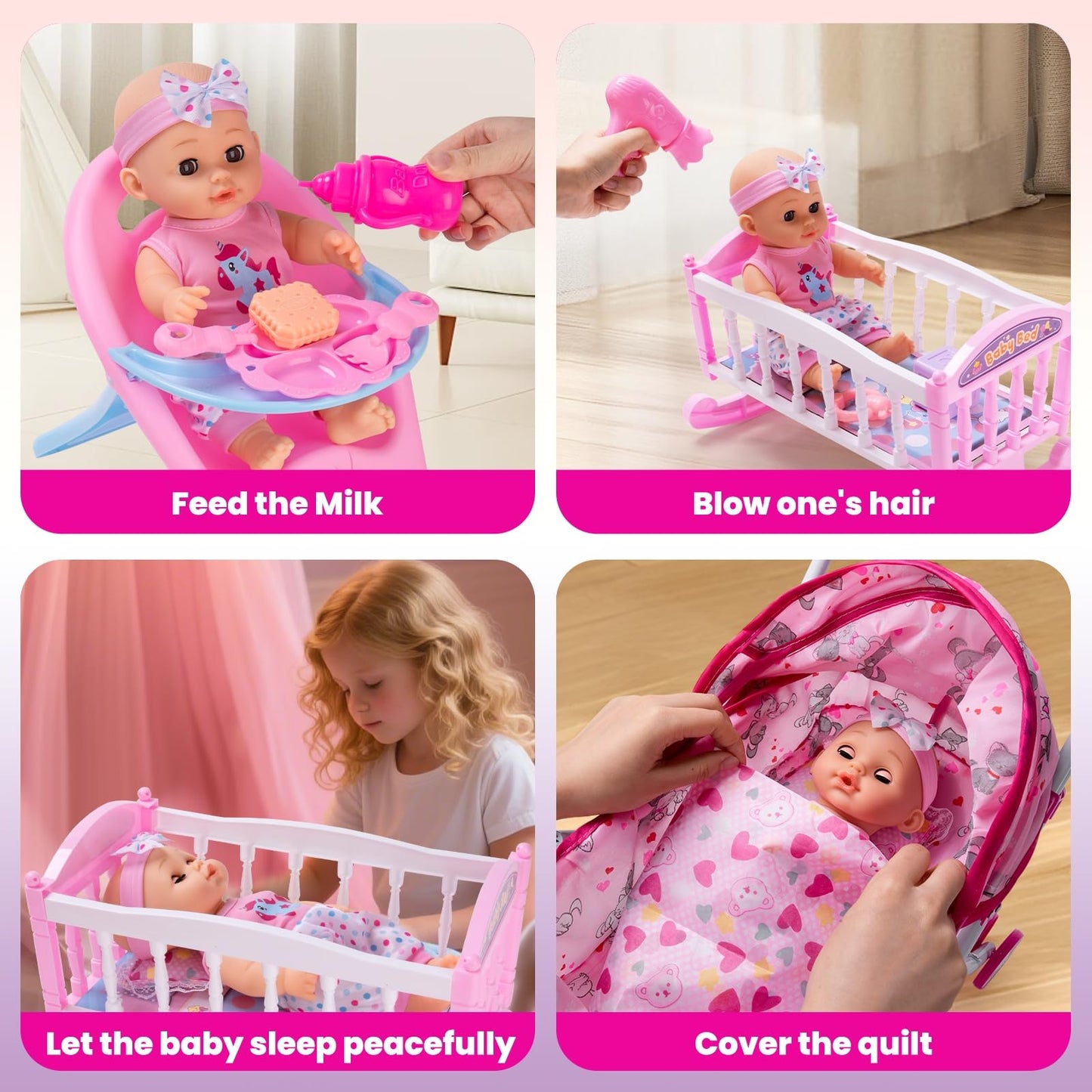 gerleek Baby Doll Stroller Play Set with 12.5" Baby Dolls, 28 Pcs Pretend Role Play Doll Accessories Including Crib, Dining Chair, Doll Clothes, Sunglass, Handbag for Girls Toddlers 3-5 4-6 5-7