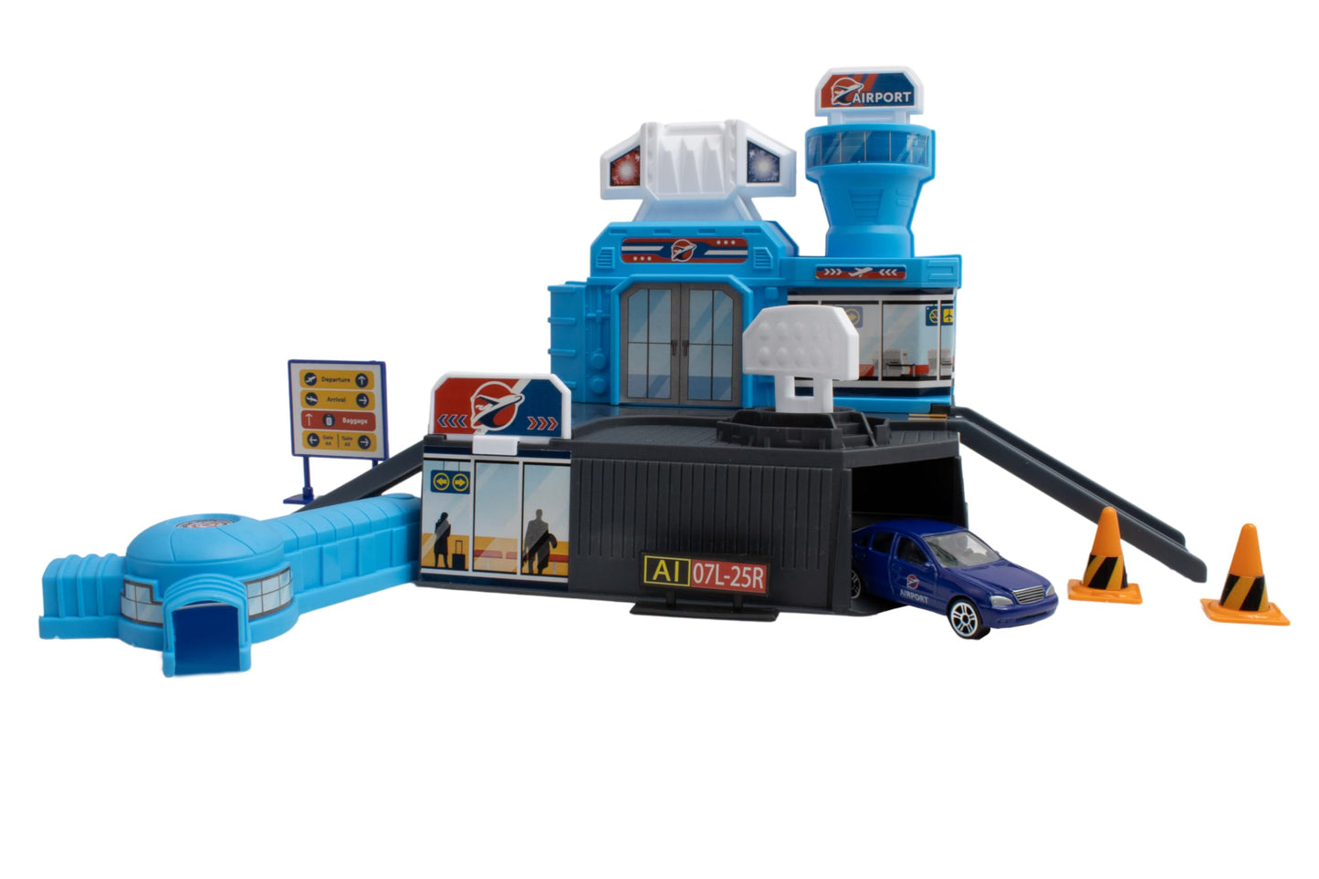 Daron Airport Building Playset with Boeing 787 Die-Cast Metal Airplane & Free-Wheeling Airport Car – Buildable Terminal with ATC Tower, Jet Bridge & Accessories, Construction Toy for Ages 3+