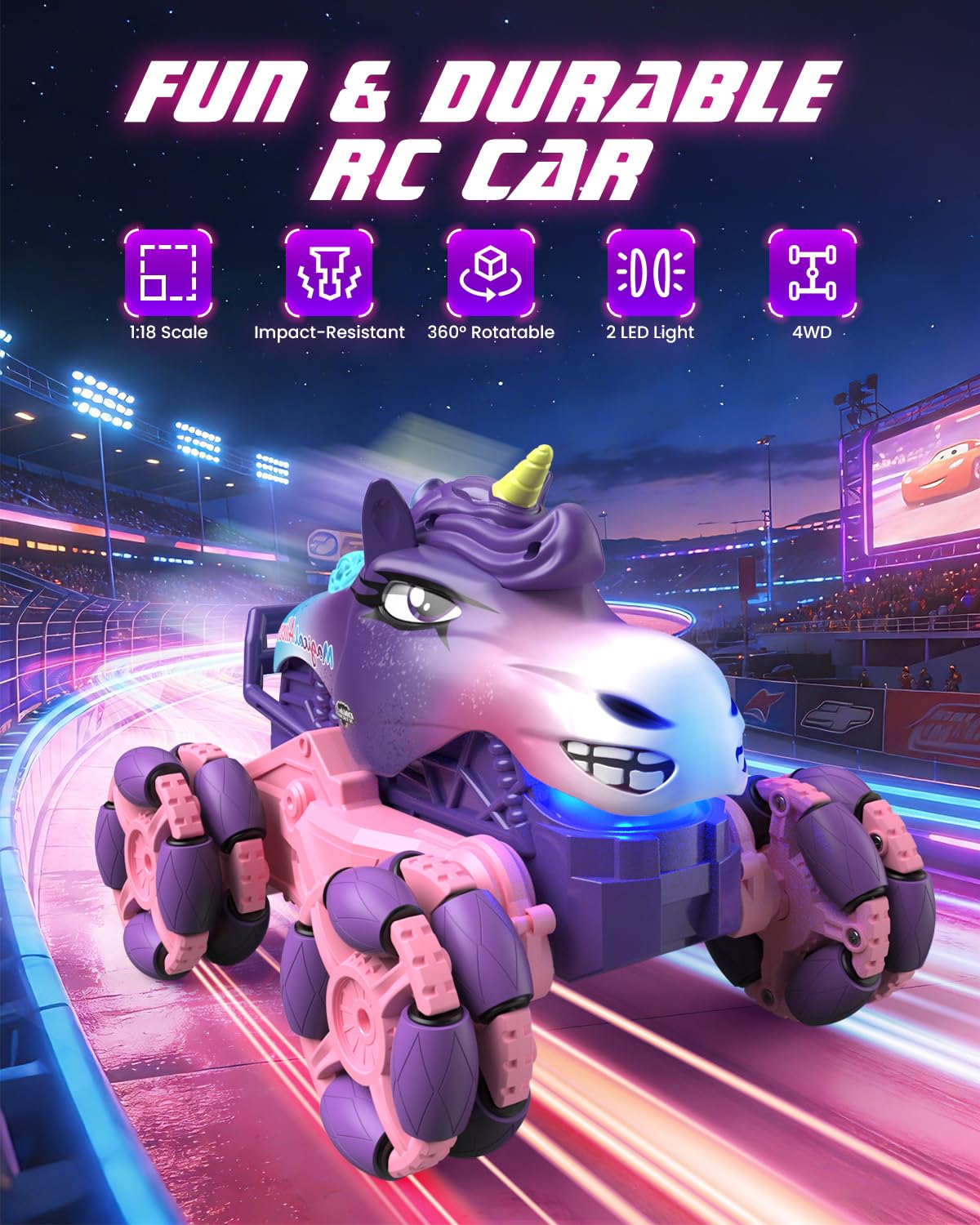 MAGTHIC Remote Control Car 1:18 Pink Unicorn Monster Truck 360° Spin-Dance Light Music with Spray, 2.4 GHz 4WD 120 Min Runtime Off-Road for Indoor & Outdoor Fun Toy Birthday Gifts for Girls Age 3+