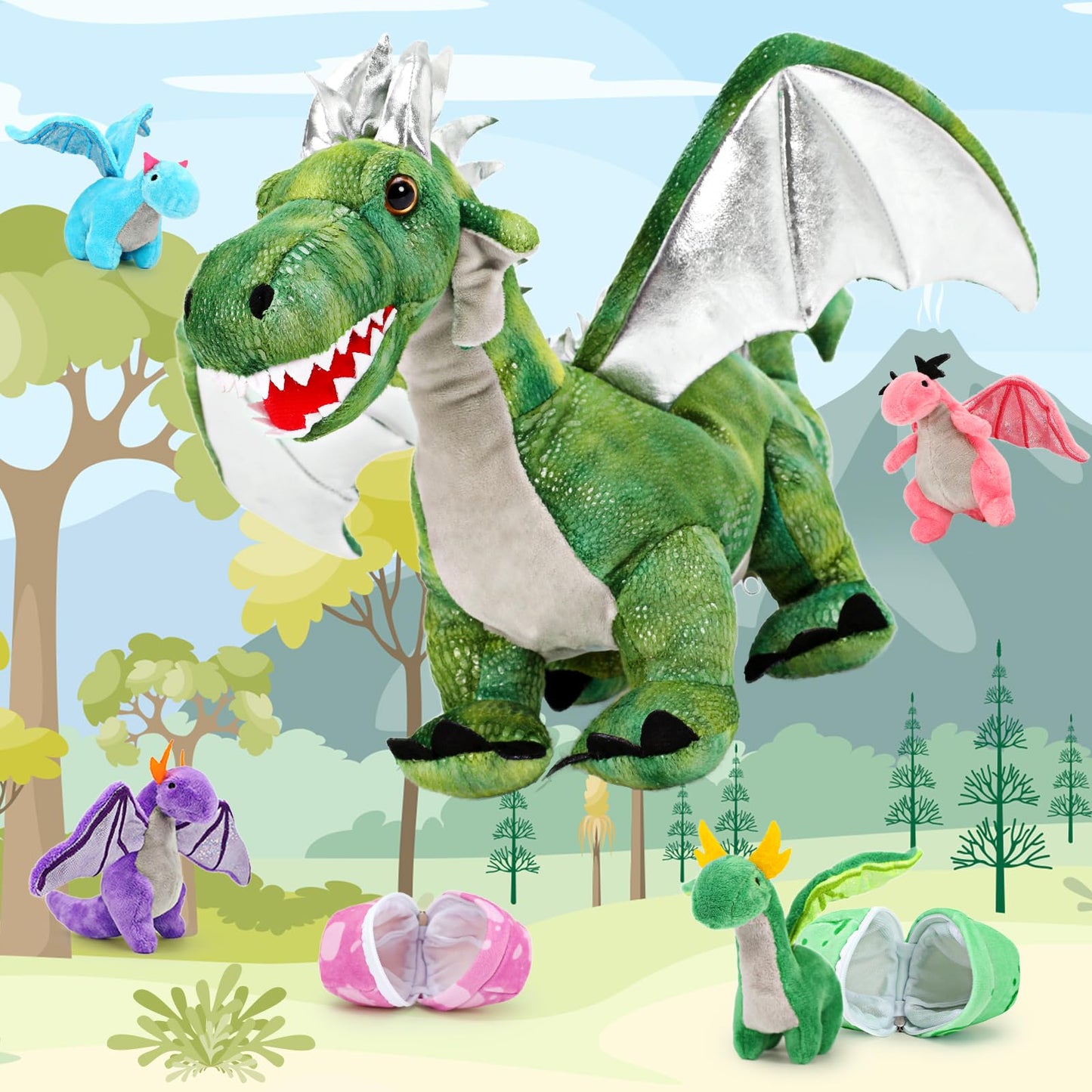 MorisMos 7PCS Green Dragon Stuffed Animal Set, 21 inch Big Mommy Stuffed Dragon Plush Toy with 4 Baby Dragons and 2 Eggs Inside, Stuffed Dinosaur Toy Gift for Kids, Boys Christmas, Birthday