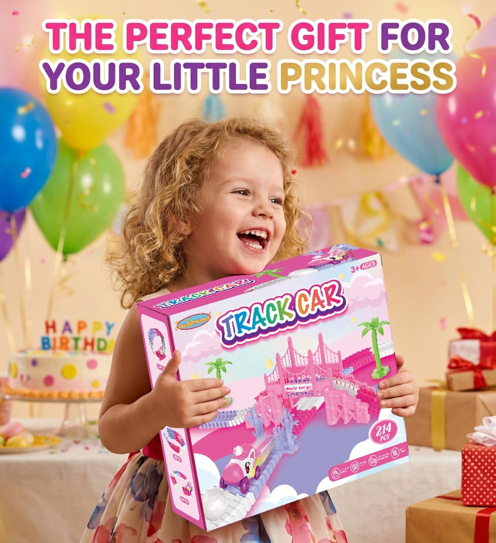 Race Car Tracks Toy Set for Girls Age 3-8, 214PCS Pink Princess Cars Toys with Monster Truck & Magic Bendable Train Tracks, Flexible DIY Raceway Set for Toddler Girls Christmas Birthday Gifts