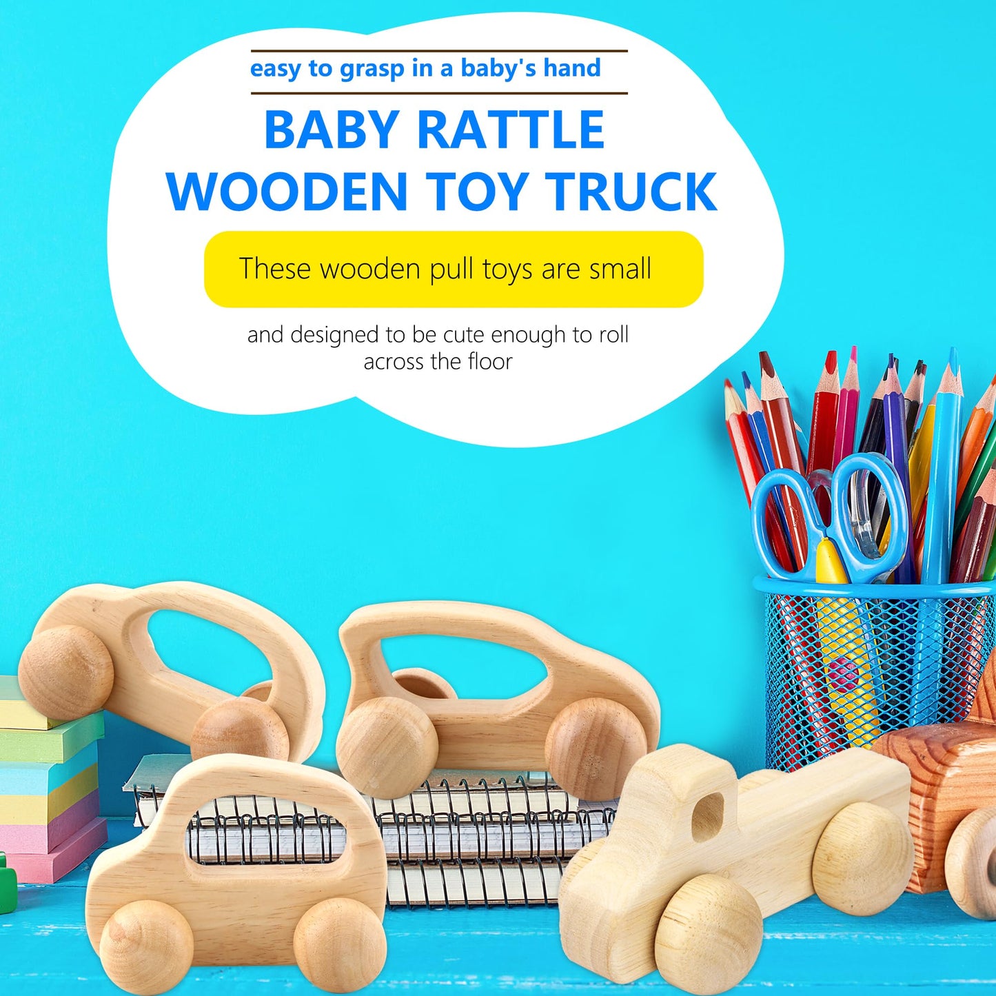 Fahacop 4 Pieces Wooden Toy Cars Mini Push Wood Truck Car Natural Wood Toys for Baby Toddler Birthday Party Gifts Nursery Decoration, 4 Styles