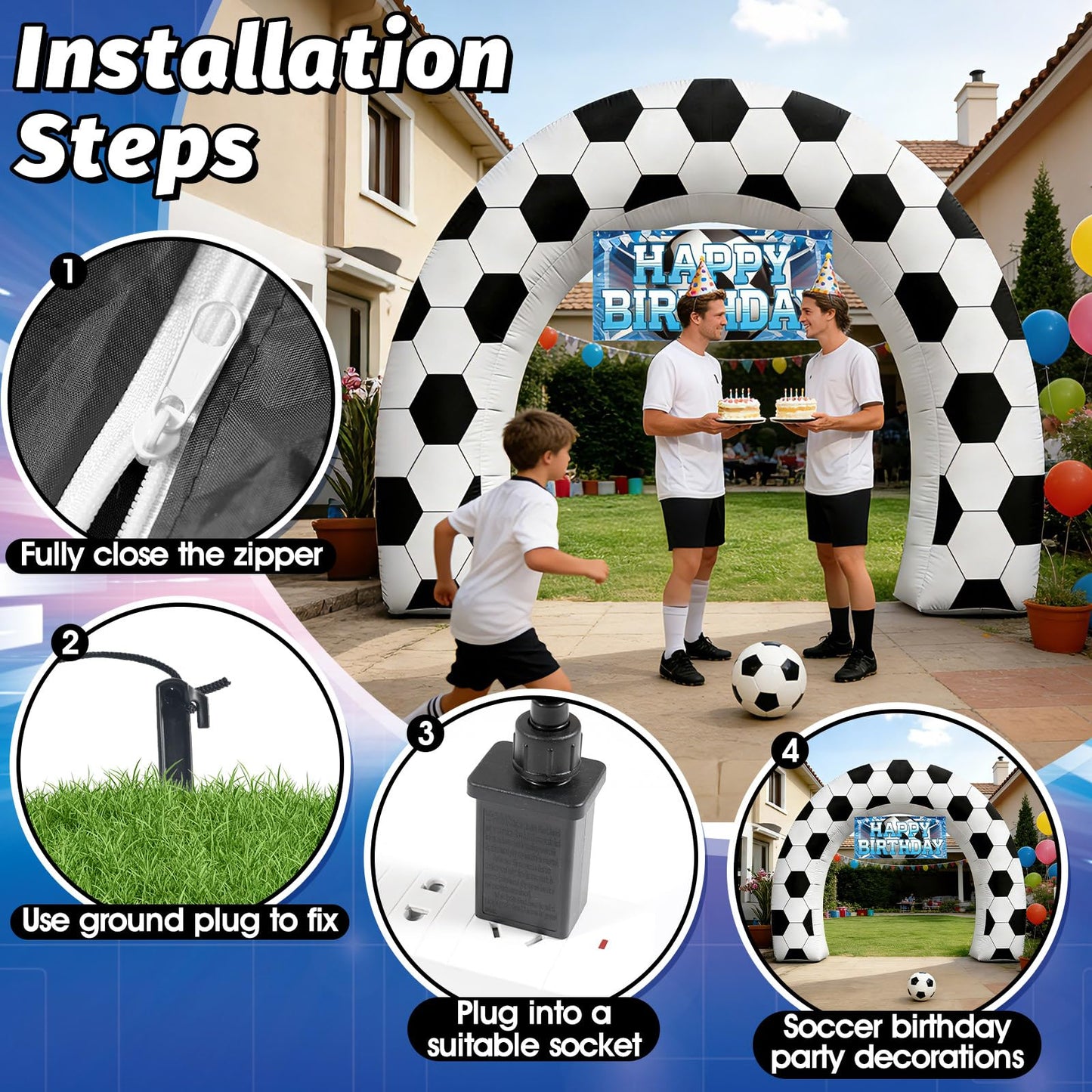 8FT Giant Soccer Inflatable Arch, Match Day Viewing Party Decorations for Fans, Soccer Sports Tournament Game Day Photo Backdrop with 1 Blower, 2 Banners & 3 LED Lights, Birthday Party Blow-Up Decor