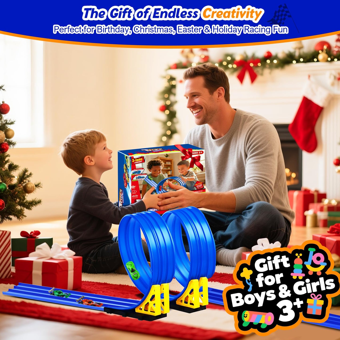 3-Lane Flexible Race Track for Kids: 15ft DIY Bendable Ramp with Suction Cups – Portable Roll-Up Car Track for Kids Compatible with 1:64 Diecast Cars – Easter Birthday Gift for Boys Girls Ages 3+