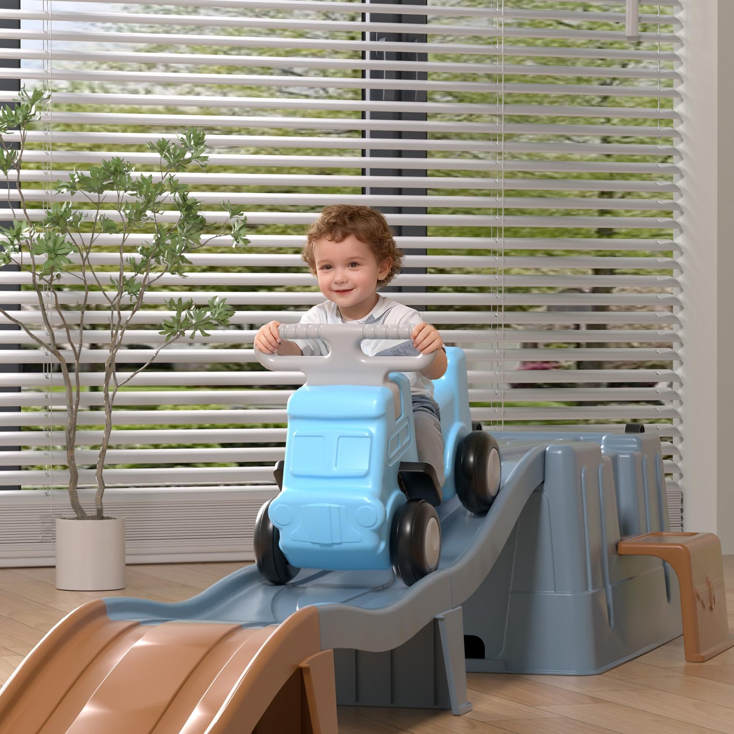 HAPPYMATY Up & Down Roller Coaster,Kids Ride On Toy,Toddler Push Car with Assembled Race Track & Storage Base Box, Indoor Outdoor Playset