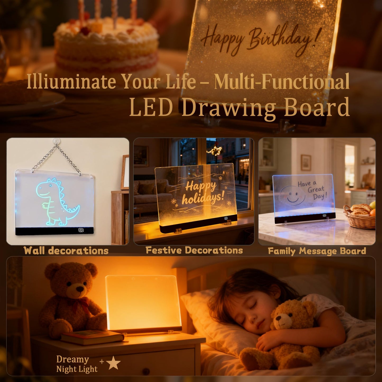 2026 LED Drawing Board with Colors, Glow Doodle Acrylic Dry Erase Board for Kids Ages 6+, 13.7"x10" Rechargeable Light Up Note Boards for Boys & Girls Drawing & Creative Play