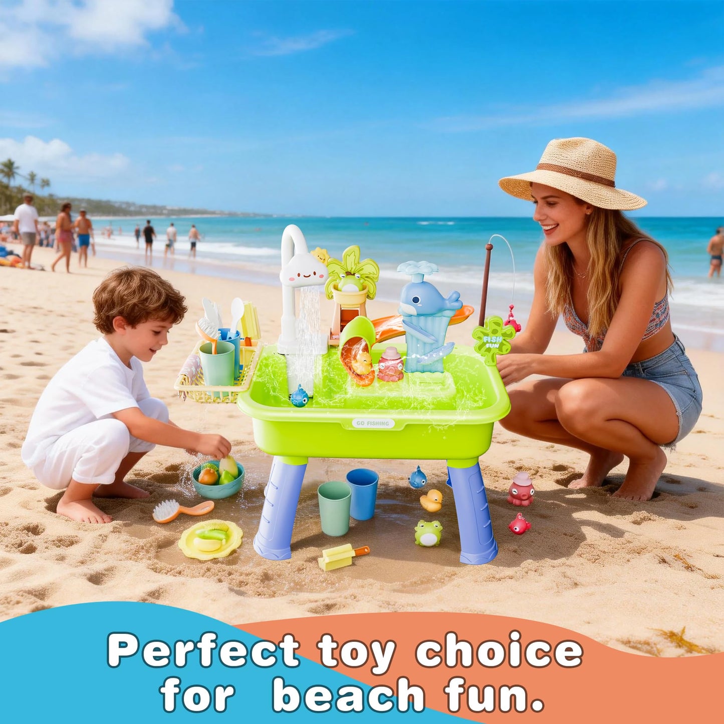 Cosminy 2026 Upgraded Water Table for Toddlers 1-3, Kids Play Sink with Running Water, Toddler Kitchen Sink Toy with Pump, Fishing Game & Sensory Water Play Toys for Boys Girls (Green)