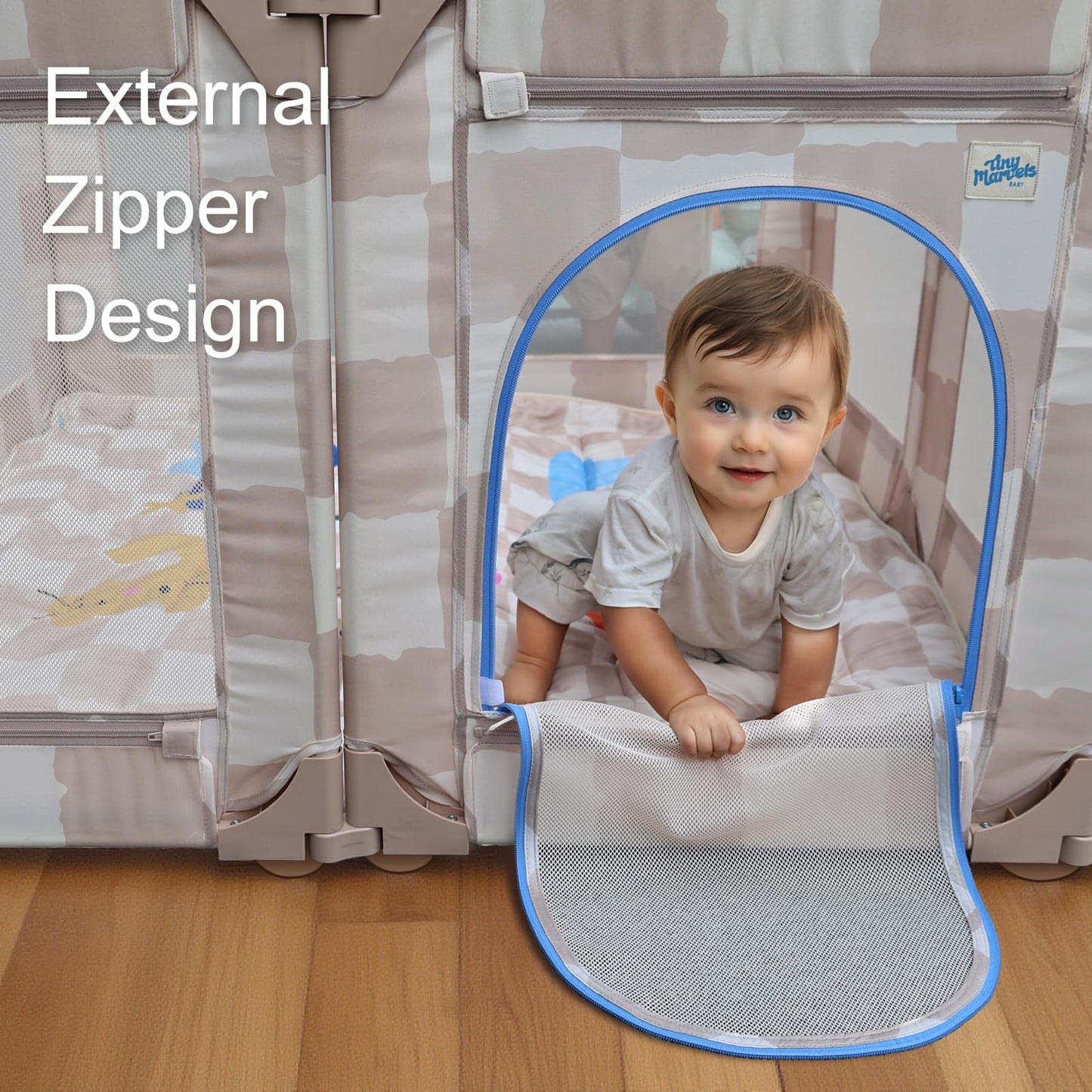 Tiny Marvels Baby Playpen, 50 x 50 in Play Pen for Babies and Toddlers, Foldable Baby Playpen, Play Yard for Infants with Breathable Mesh, Playard with Gate (Sand Checks,Mat not Included)