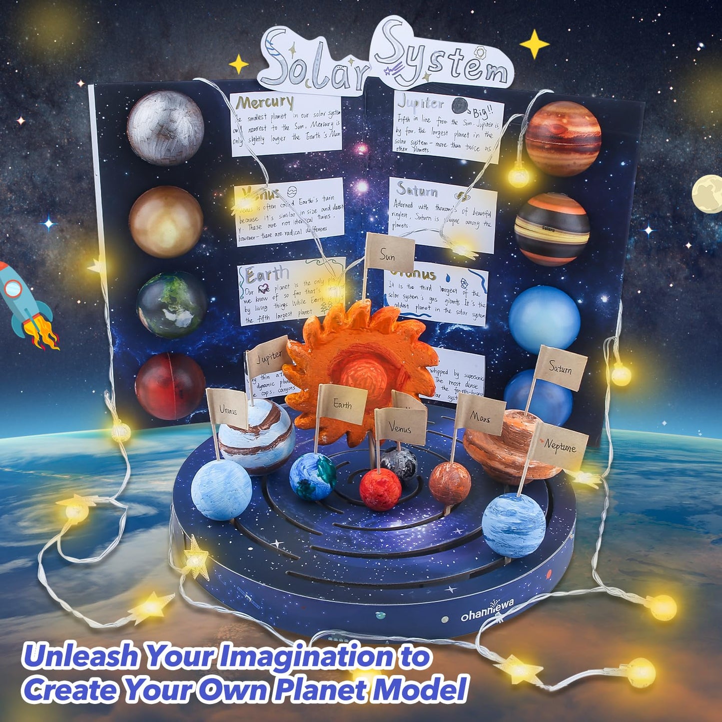 Ohanniewa Solar System Project Kit for Kids, Mixed Sized Foam Balls, Painting Tools and Disc Planetary Orbits, DIY Planets Model for Kids, Stem Toy for Boys and Girls