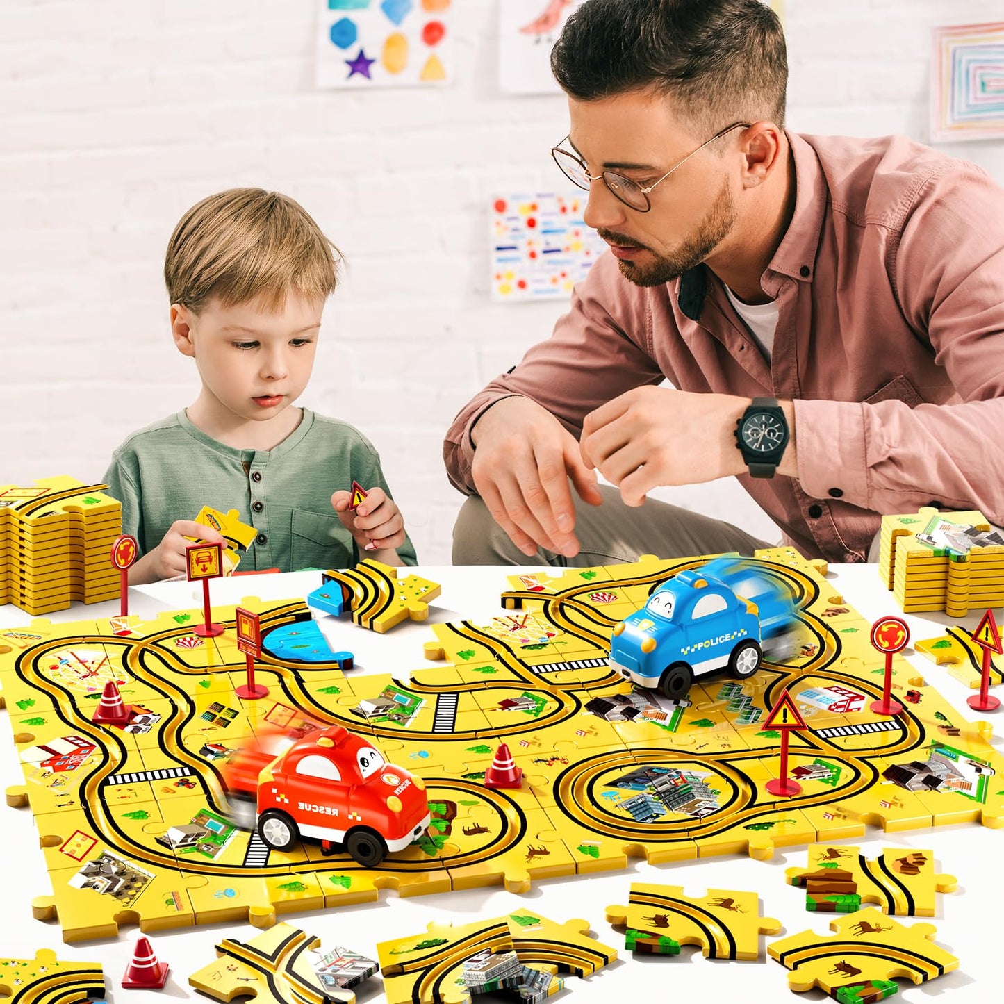 Bennol 56Pcs Puzzle Race Car Track Set Toys for Kids Floor Puzzle Tracks Car Gifts for 3 4 5 Year Old Boys Kids Toys Gifts for 3 4 5 Year Old Boys Puzzle Racer Set for Ages 3-5 4-6