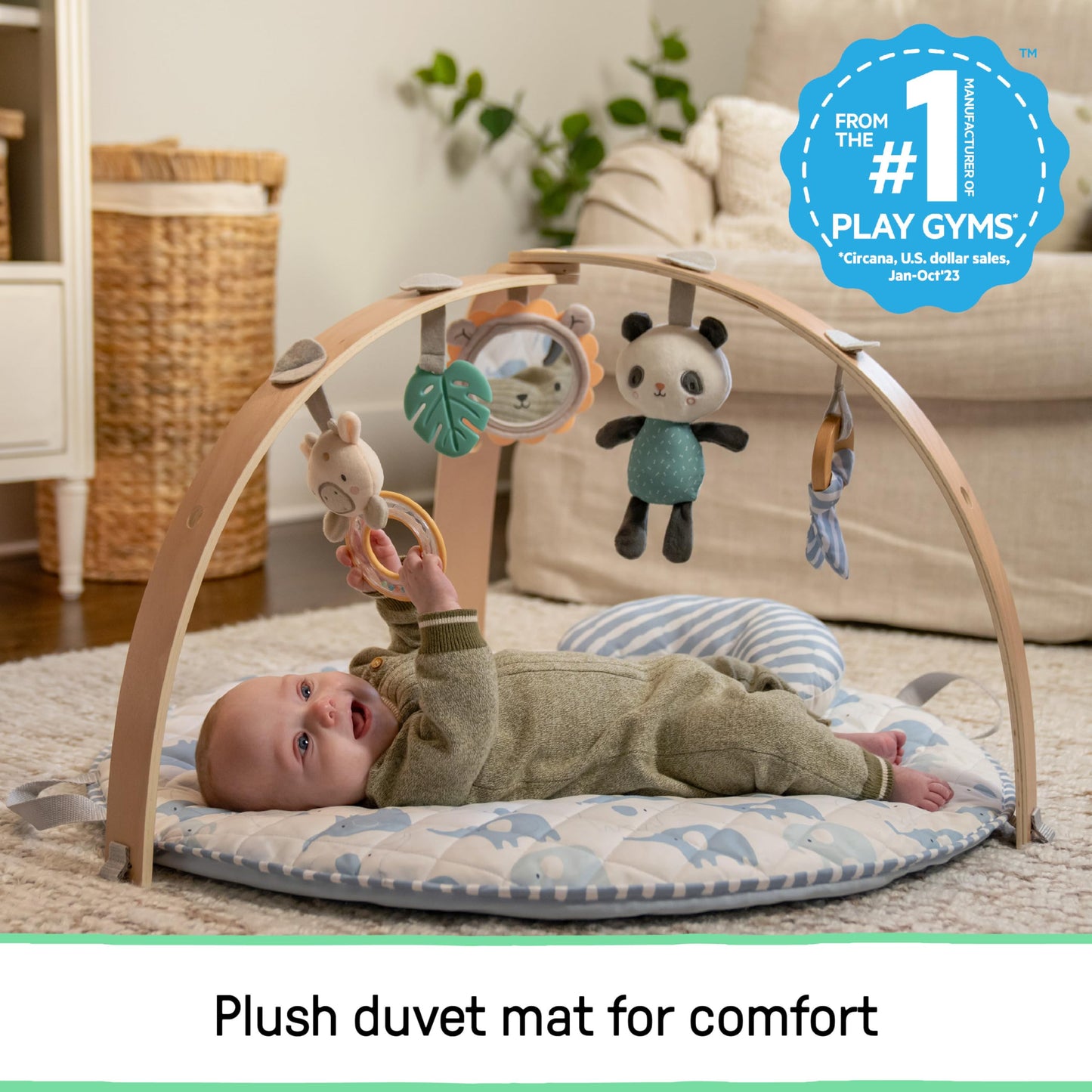 Ingenuity Cozy Spot Reversible Duvet Baby Play Gym & Play Mat with Wooden Toy bar - Elephant March (Neutral Safari), Newborn and up
