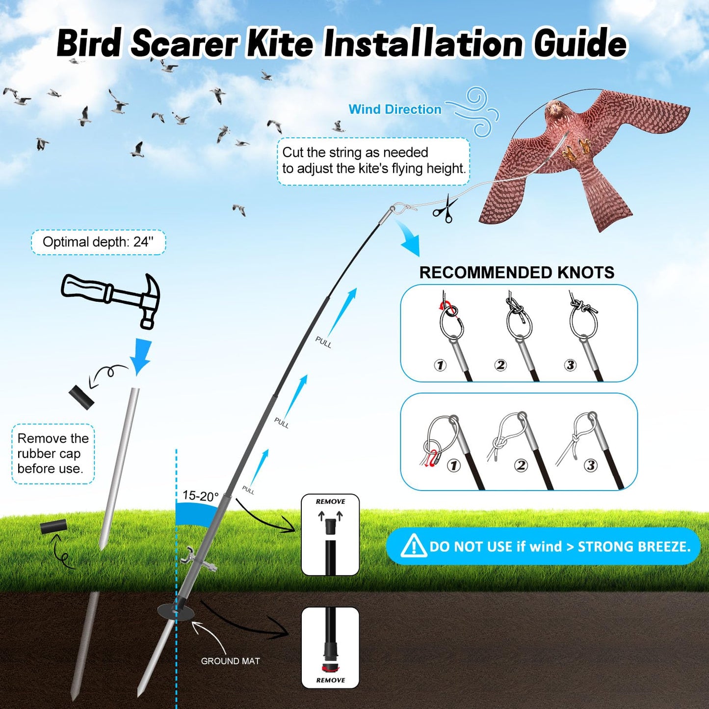 Flerigh Bird Hawk Flying Kite with Pole Crops Farm Protector Bird Scarer Flying Kite with 4m Pole-Style A