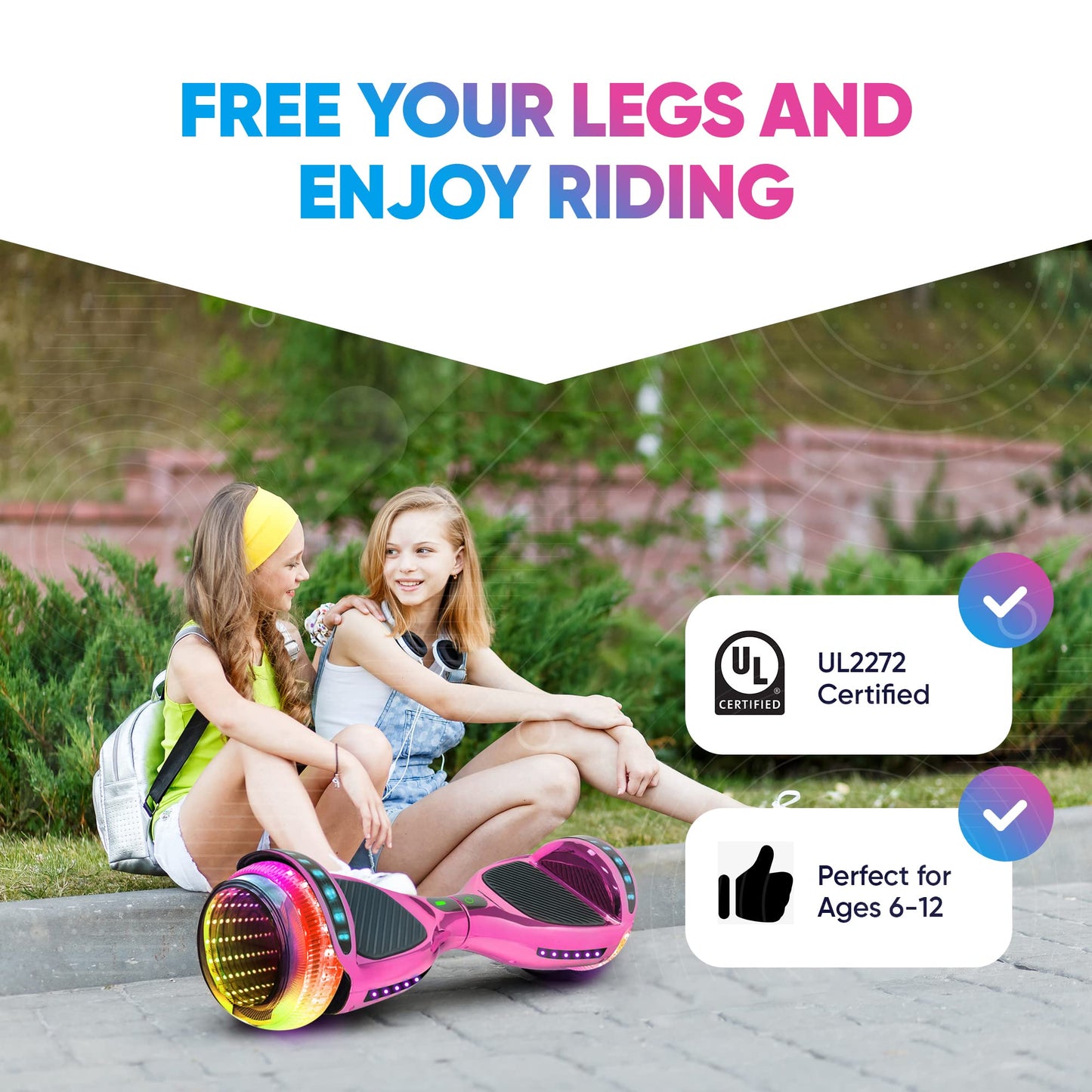 EMAXUSA, 6.5” Hover Board for Kids Ages 6-12, Bluetooth Hover Board with Tunnel Light Style Wheels & Non-slip Footpads, UL2272 Safety Certified (Pink)
