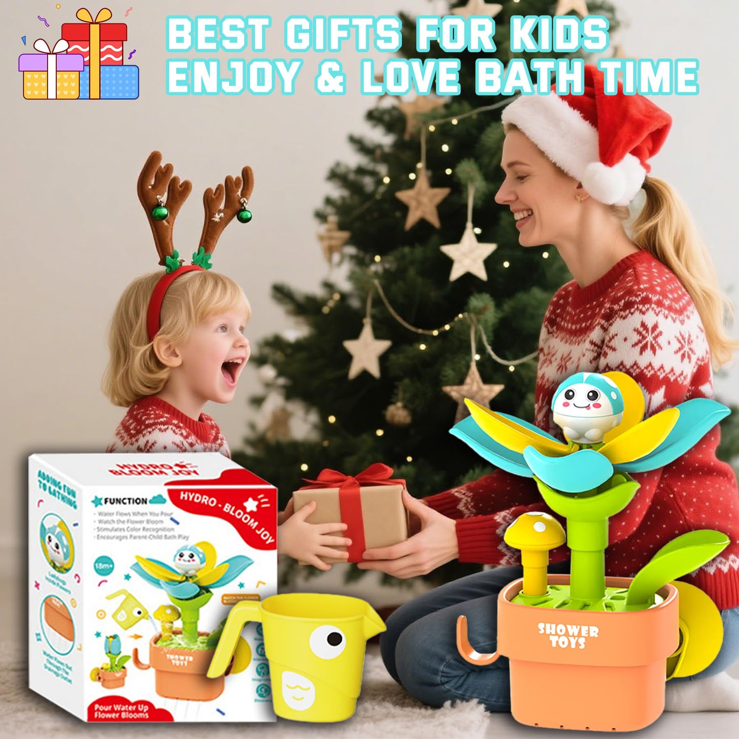 TXTLDB 2-in-1 Bath Toys for Toddlers 1-3, Magic Watering Can with Blooming Flowers & Suction Cup Spinning Duck Toys Set, Interactive Sensory Bathtub Game for Boys Girls 18M+, BPA-Free ABS Plastic
