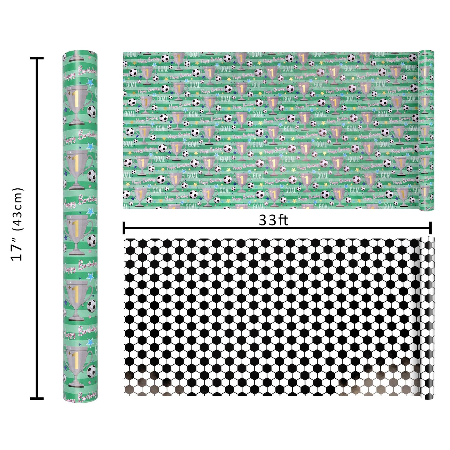 BIOBROWN Reversible Soccer Wrapping Paper for Kids Boys - 17 Inch X 33 Ft - Goal & Trophies Design Sports Gift Wrap Paper for Teens Birthday Party Holiday Soccer Fans