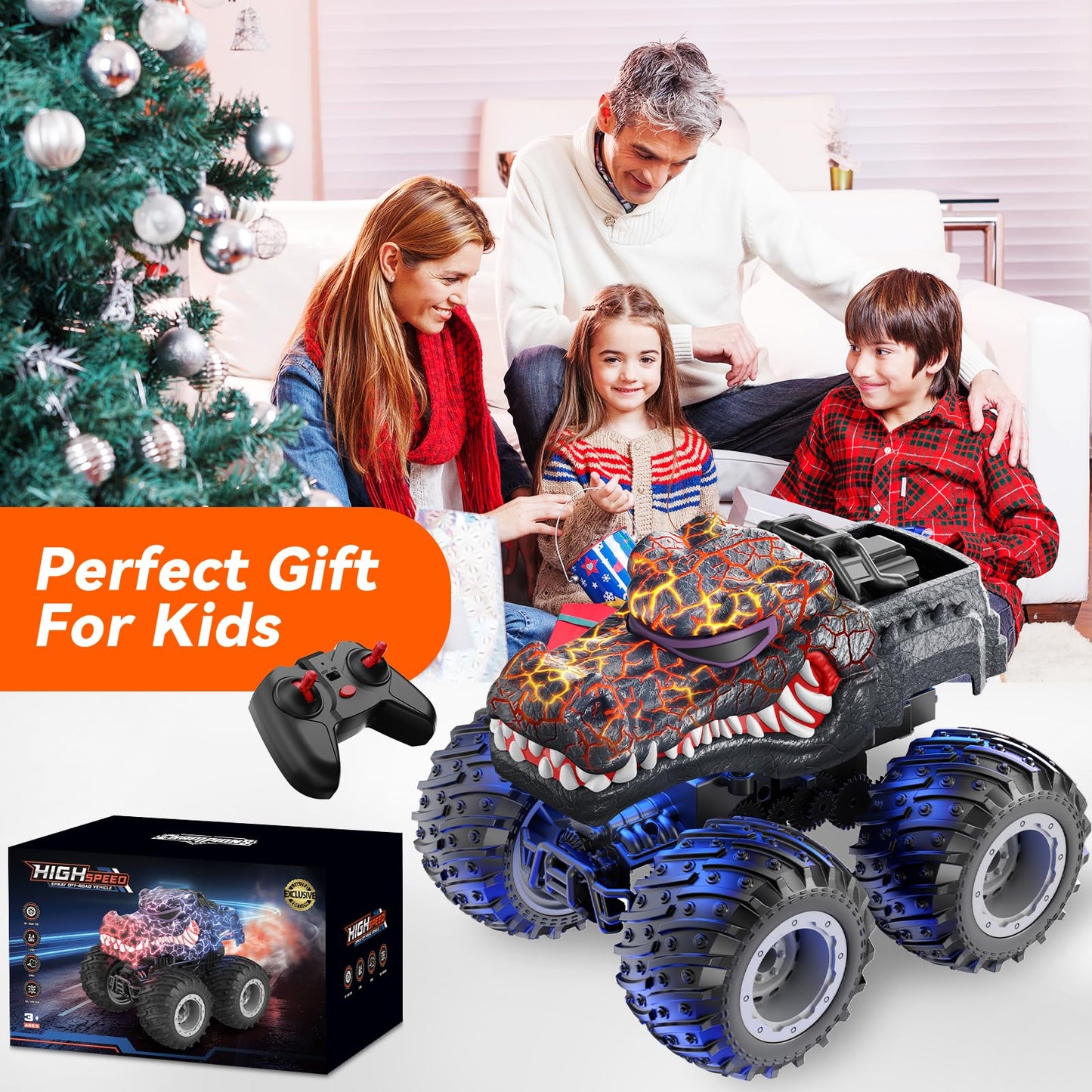 AUUGUU Remote Control Car, 2.4GHz Monster Trucks Toys with Light Spray, Birthday Gift for Kids 3 4 5 6 7 8, All Terrain RC Cars, Toddler Toys for Boys Girls 3+ Year Old (Crocodile)