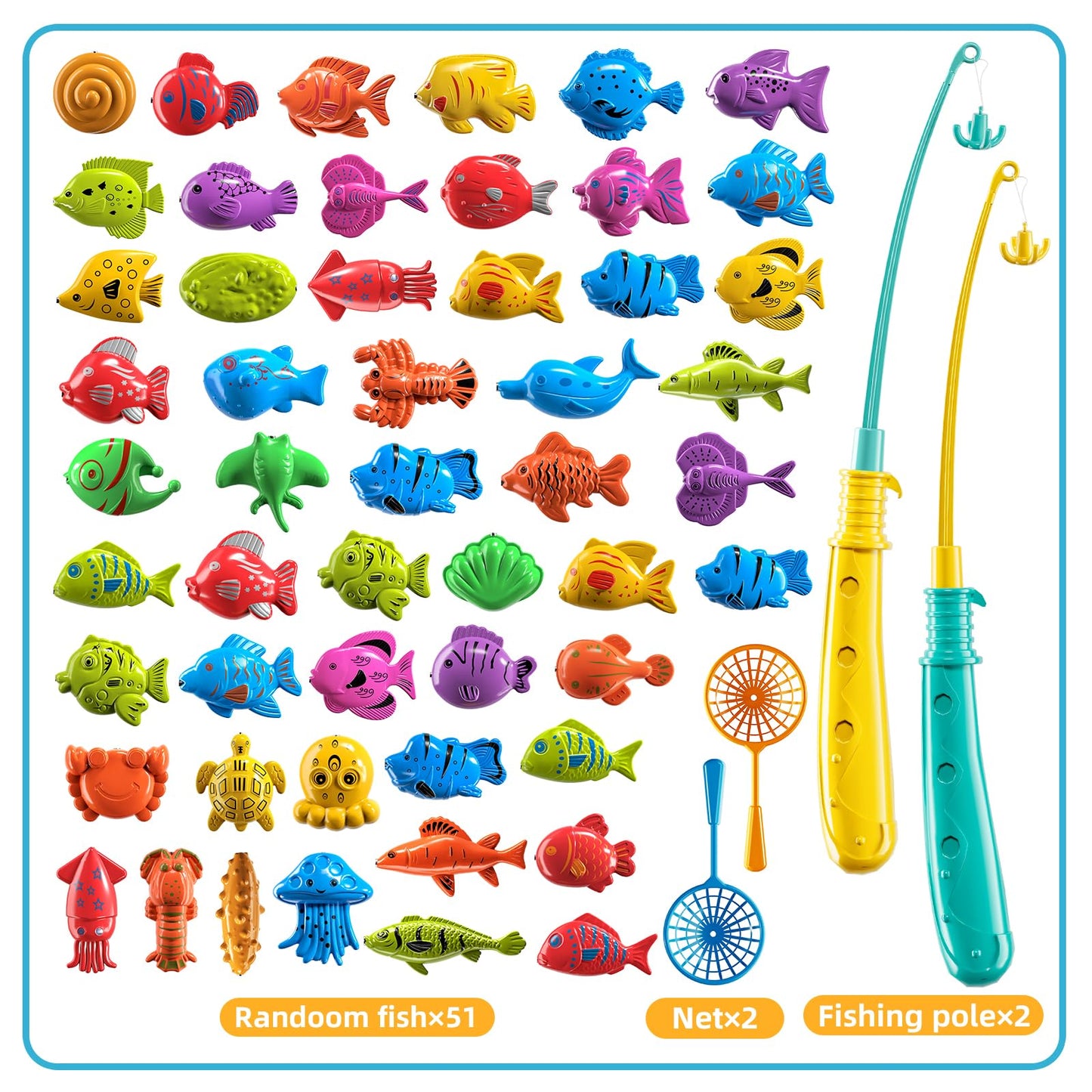 TEMI Fishing Toy Game for Kids 3 4 5 6 7 8 Years Old, 51 Fish Bath Playset for Toddlers, Toy Magnetic Rod and Fishing Net, Outdoor Water Toys for Kids Age 3-5, Party for Boy and Girl