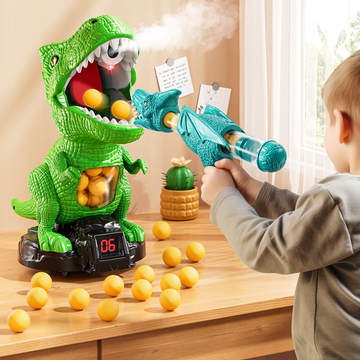 JUKUDAHU Dinosaur Shooting Boy Toys for Kids Age 3 4 5 6 7 8 - Moveable Shooting Game with Scoreboard, Light and Sound, 12 Foam Balls, Boy Toddler Toys 5-7 6-8 8-10, Competition Game Gifts (Green)