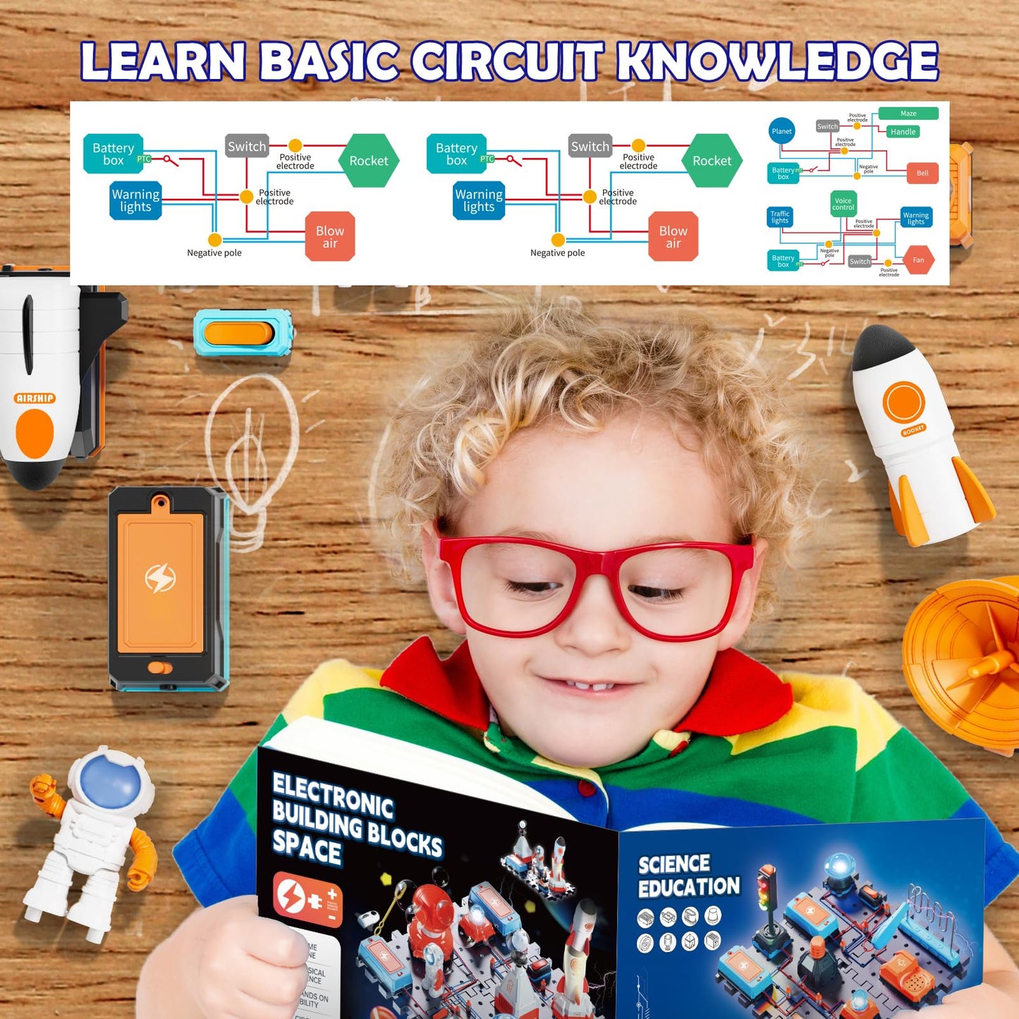VATOS Space Science Circuit Kits for Kids - 31PCS Electronics Exploration STEM Kit with 100+ Projects, Rocket Launcher & Light Up Astronaut | Educational Learning Toy Gift for Boys Girls Ages 6+