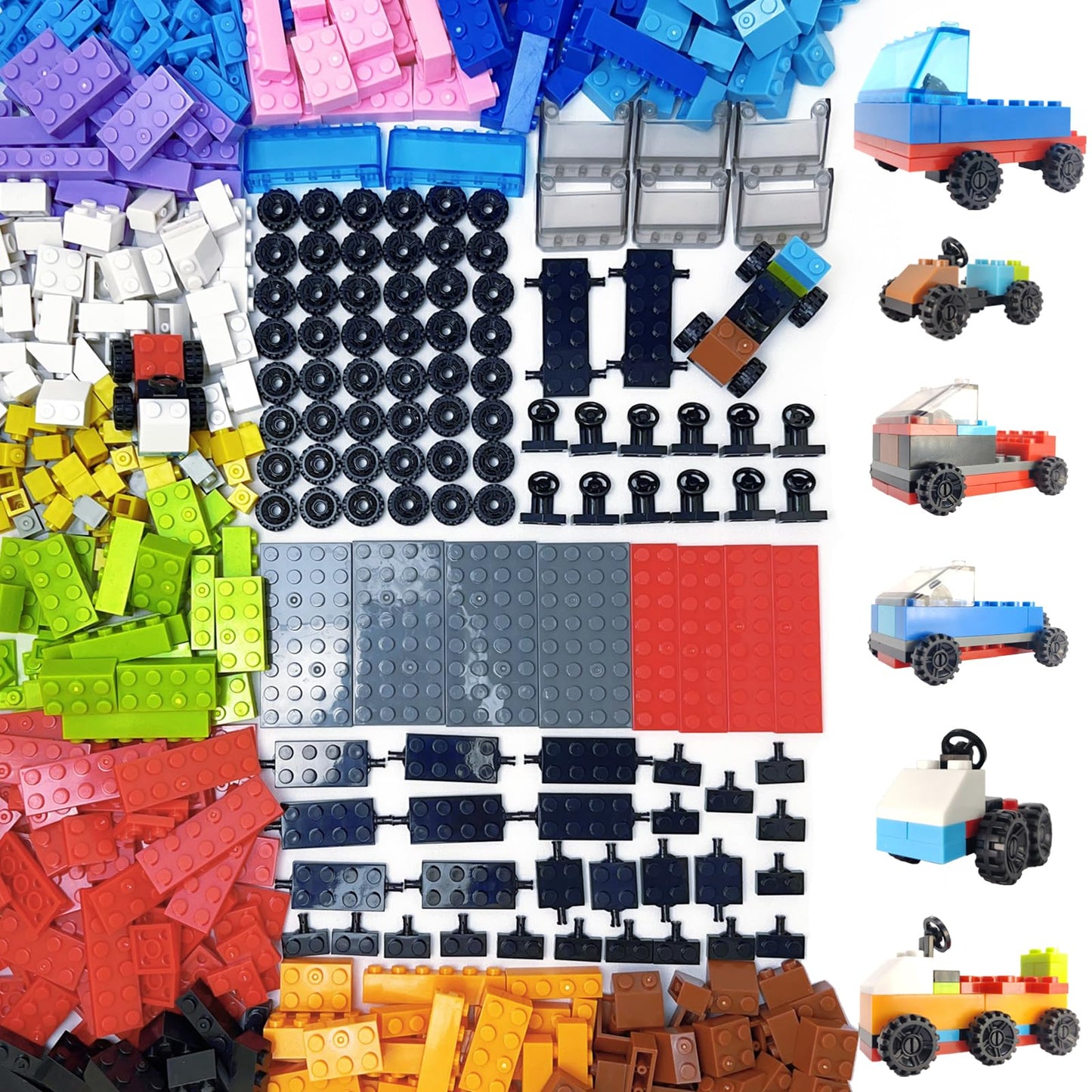 Jodicody 1100 Pieces Building Bricks, Classic Bulk Building Blocks for Kids with Wheels and Axles Sets, Steering Wheels, Windshield, Compatible with All Major Brands, Gifts for Boys Girls Age 6+