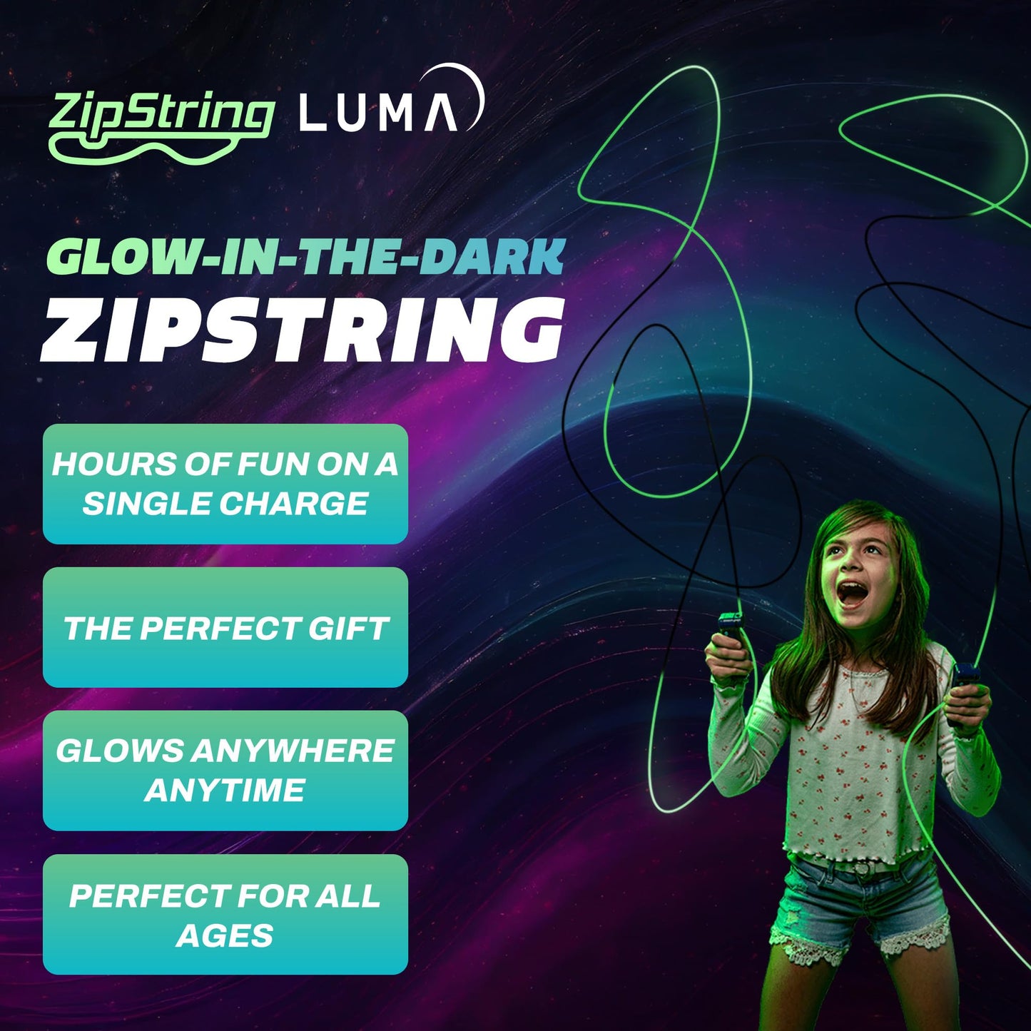 ZipString Lightning Luma Replacement Strings for Rope Launcher Toy – Pack of 3 – UV Reactive Glow in The Dark Fidget for Kids & Adults – Shark Tank Featured – Device Not Included