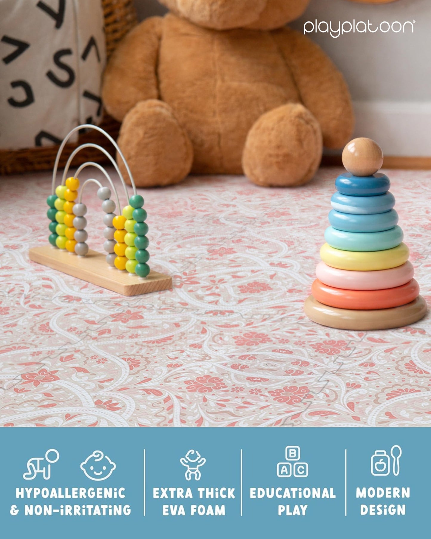Play Platoon Non-Toxic Large Baby Play Mat for Floor, 16 Tile 96 x 96 inch - Extra-Thick Interlocking Foam Floor Tiles 24 x 24 in Puzzle Mat Pieces with Border, Playmat for Toddlers & Children - Petal