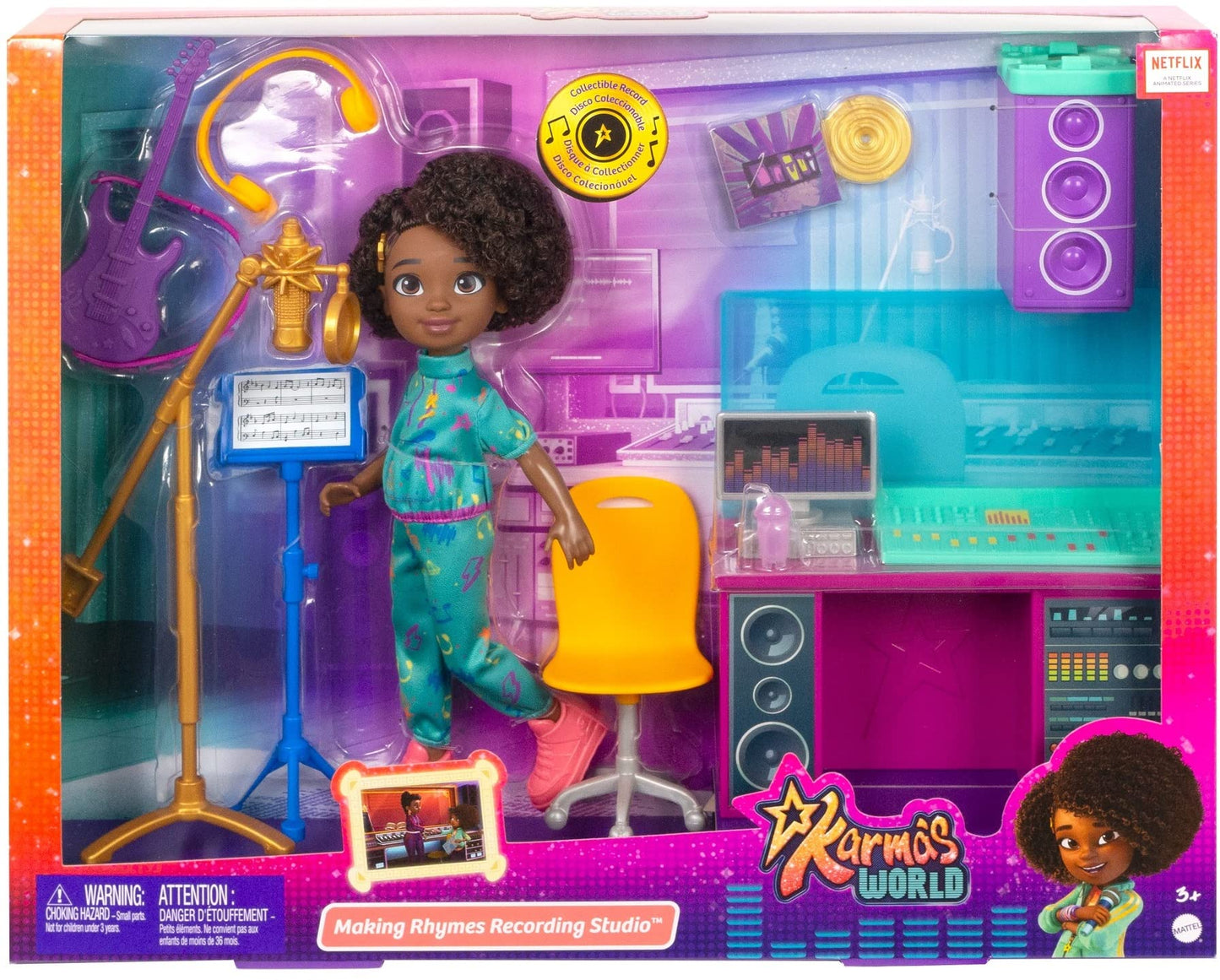 Mattel Karma’s World Making Rhymes Recording Studio 13-Piece Playset with Karma Doll (8.7-inch), Mixing Booth, Guitar, Collectible Record & More