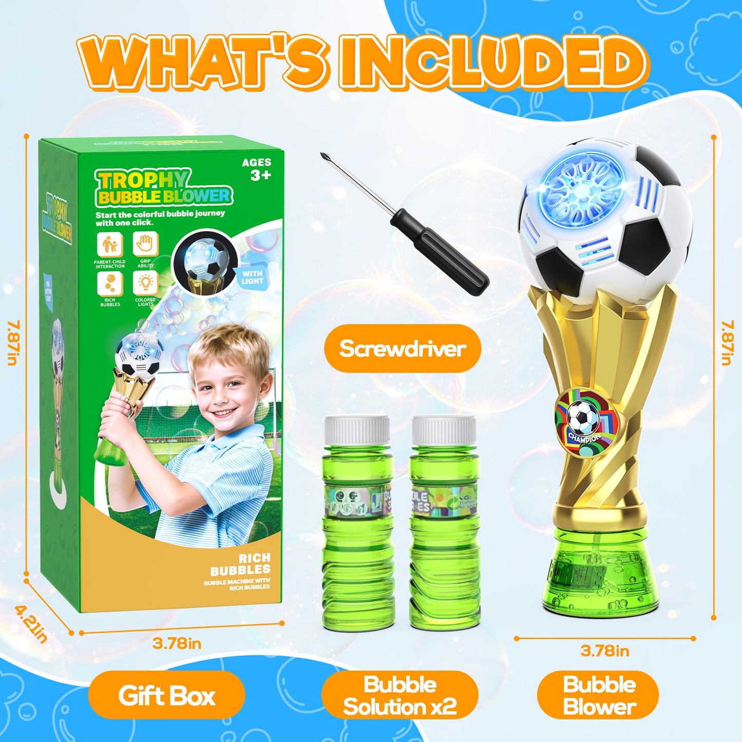 Bubble Machine for Kids - Soccer Trophy Bubble Wand with 2 Solution Refill, Automatic Bubble Blower, Bubbles Maker Blaster Toddler Outdoor Toys, 2026 Merchandise Birthday Gifts for Boys Girls Age 3+