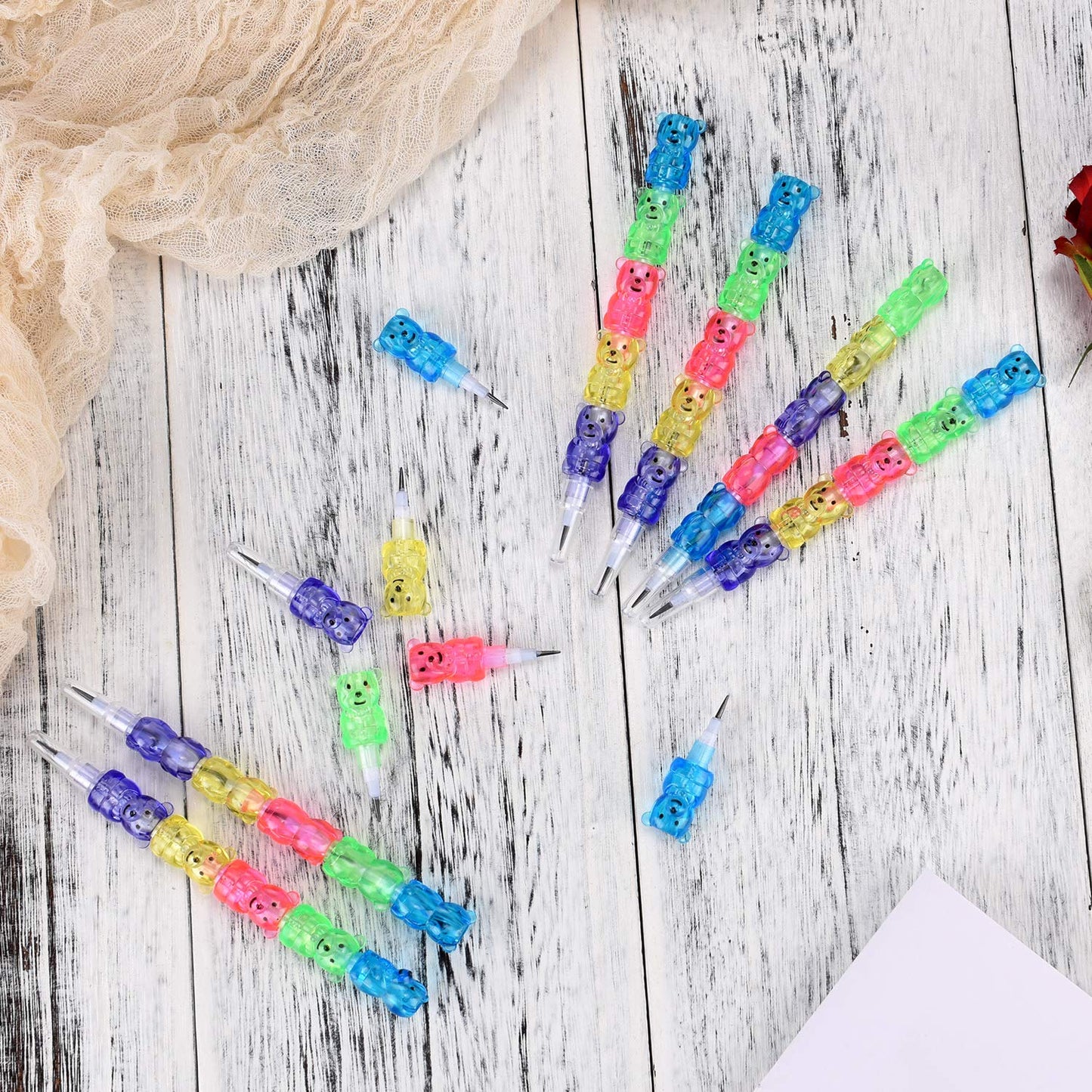 Boao 30 Pcs Stackable Pencils Plastic Bear Pencils 5 in 1 Stacking Colored for Birthday Bear Party Equipment