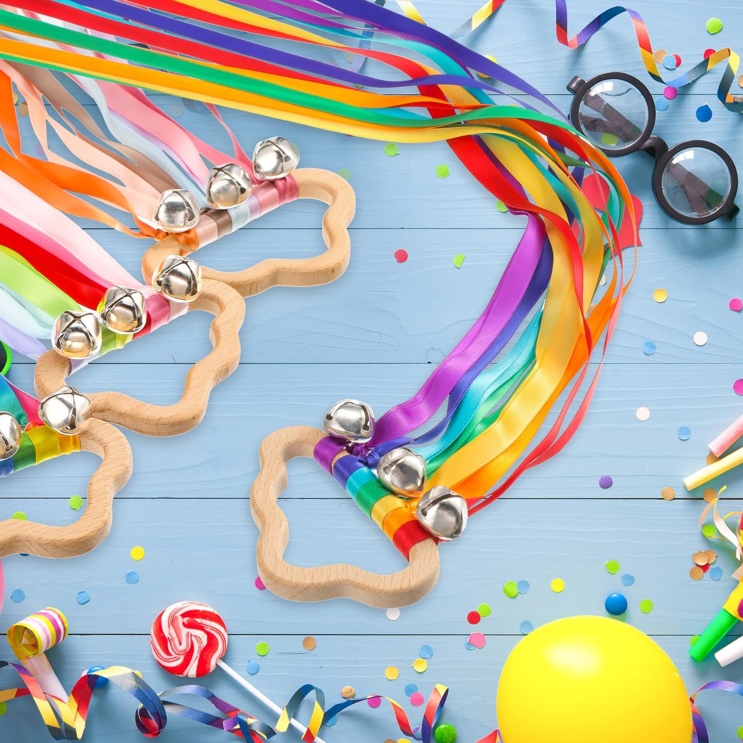 Aoriher 4 Pieces Rainbow Hand Ribbon Kite with Bells Wind Wand Dancing Ribbon Streamer Cloud Wood Sensory Toys Wooden Educational Toy for Party Birthday(Bright Colors)