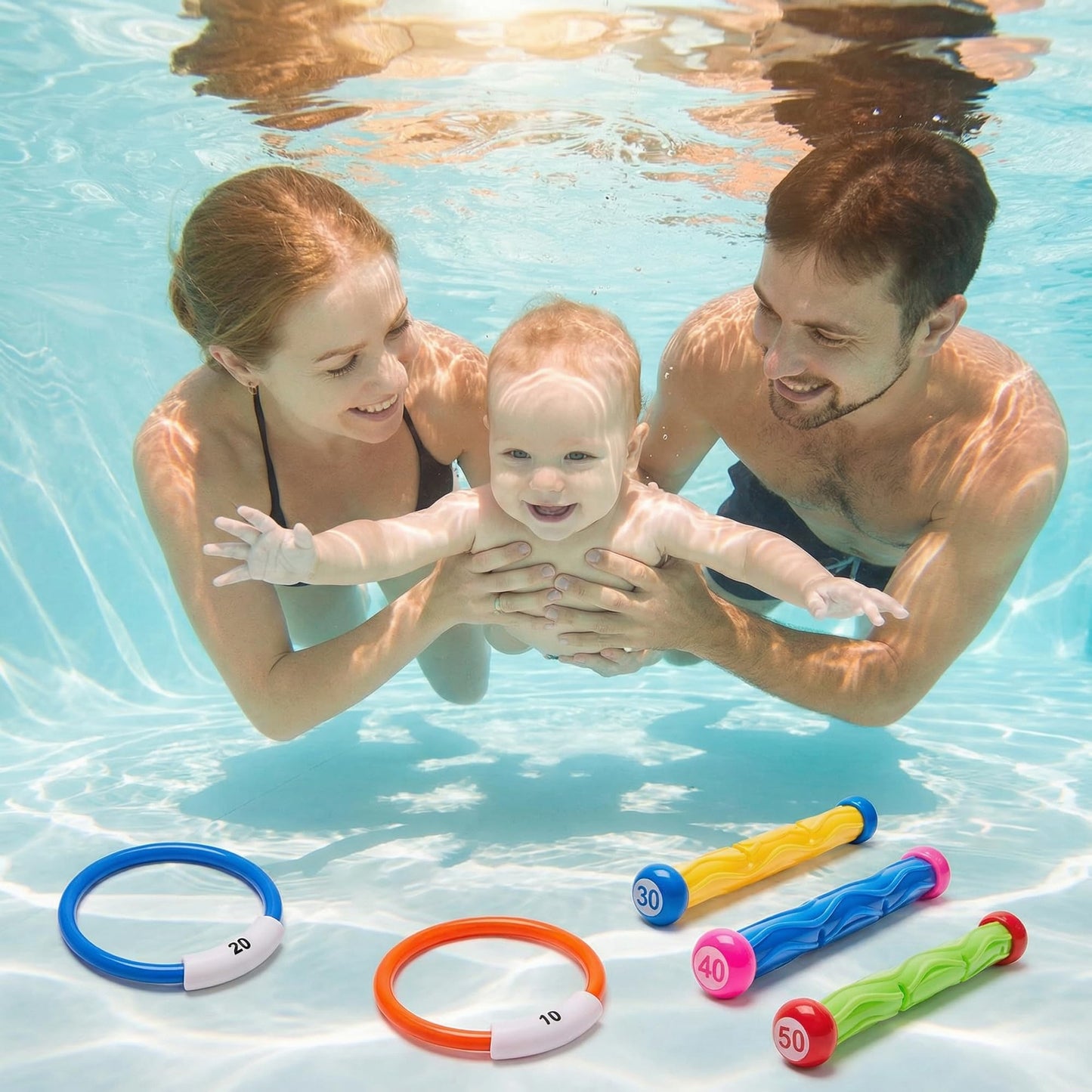 PARENTSWELL 17 Pcs Pool Diving Toys for Kids Adults, Swimming Pool Toy Set Includes 8 Dive Torpedos, 5 Diving Sticks & 4 Diving Rings for Swim Pool Games, Water Fun Games
