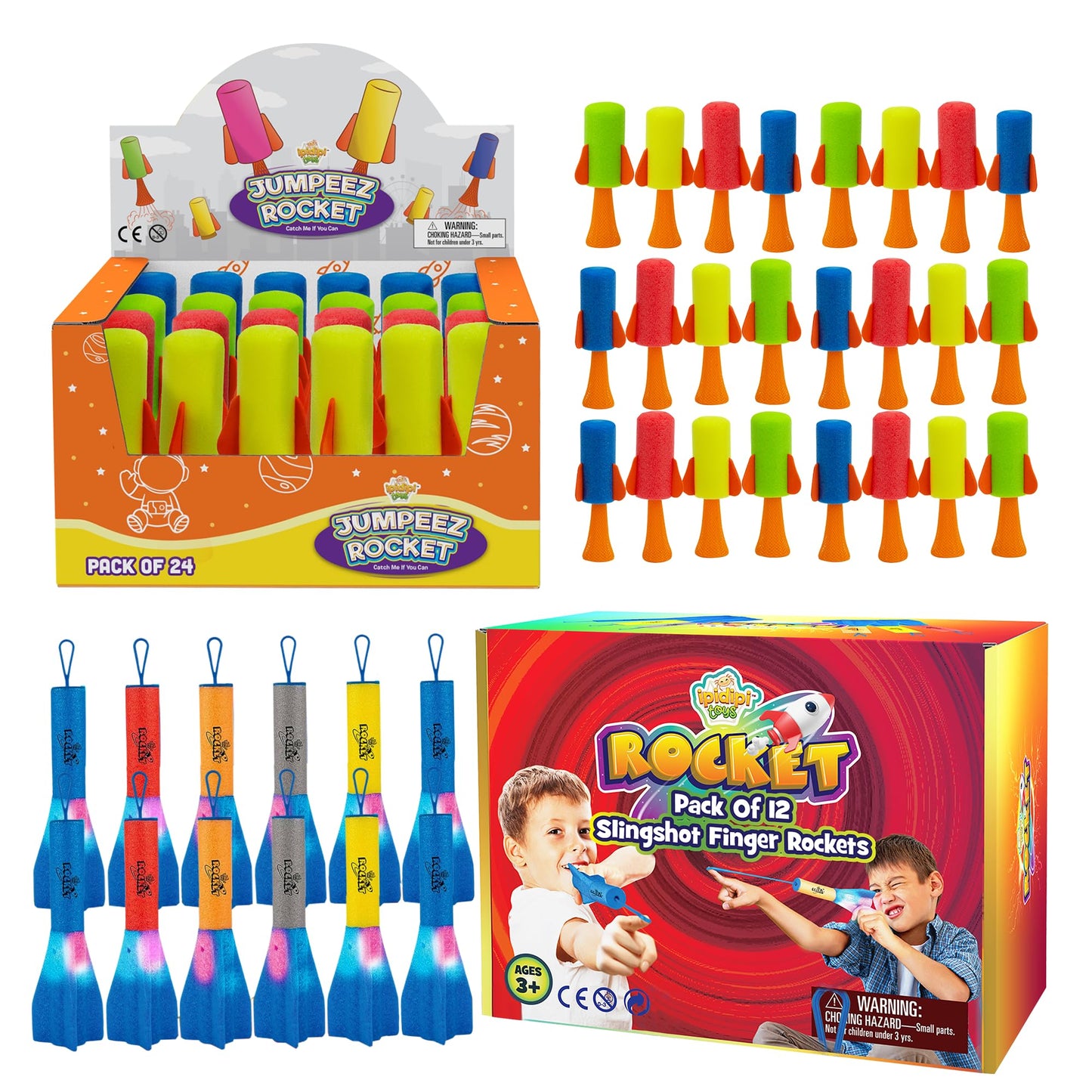 IPIDIPI TOYS Dynamic Rocket Launcher Combo - 36 Finger & Jumping Rockets, Light-Up Foam Slingshots, and Spring Toys, Ideal for Party Favors, Classroom Gifts and Stocking Stuffers.
