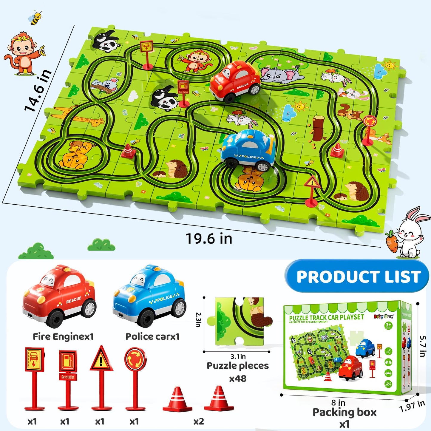 Beby Buty 48PCS Puzzle Race Track Car Set Toys for Kids Boys, Floor Puzzle Car Tracks for Boys Ages 3-5 4-6, Toddler Toys Gifts for 3 4 5 Year Old Kids, Ideal 3 4 5 6 Year Old Birthday Gifts