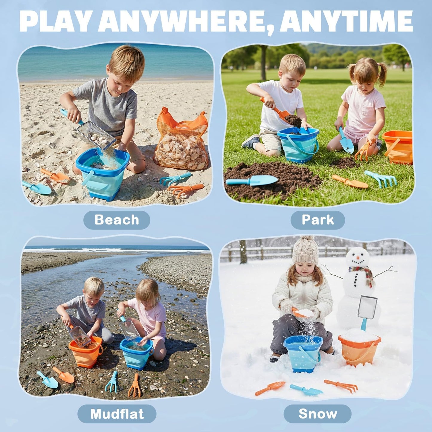 Dreamon Beach Toys, 2 Packs Travel Sand Toys for Kids Ages 4-8 | 10 PCS Sandcastle Building Kit with Collapsible Bucket, Mesh Bag, Sand Sifter, Shovel & Rake, Beach Essentials for Kids